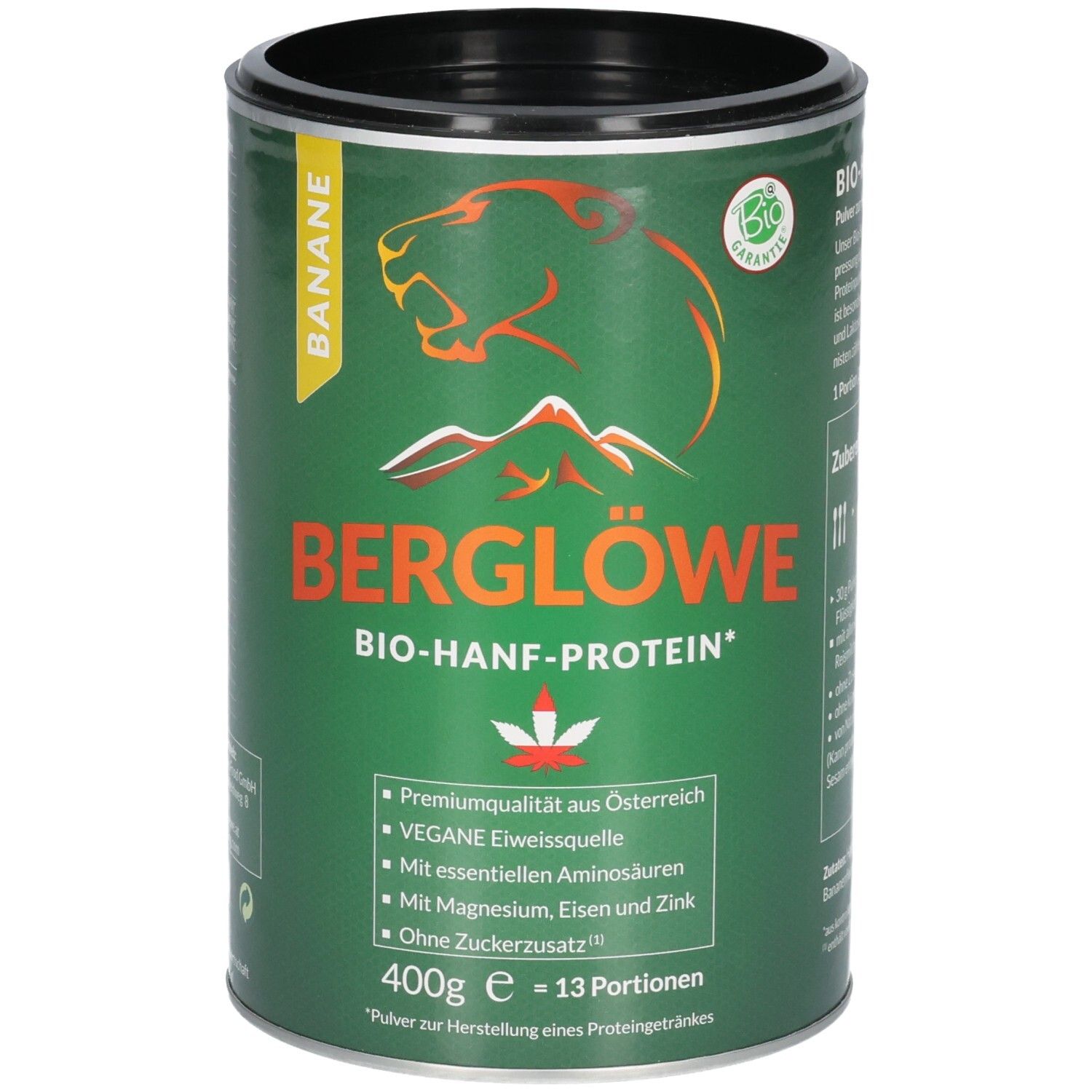 Grüne Dose mit schwarzem Deckel. Aufschrift: BERGLÖWE BIO-HANF-PROTEIN, Banane. Bio-Siegel. 400g, 13 Portionen.