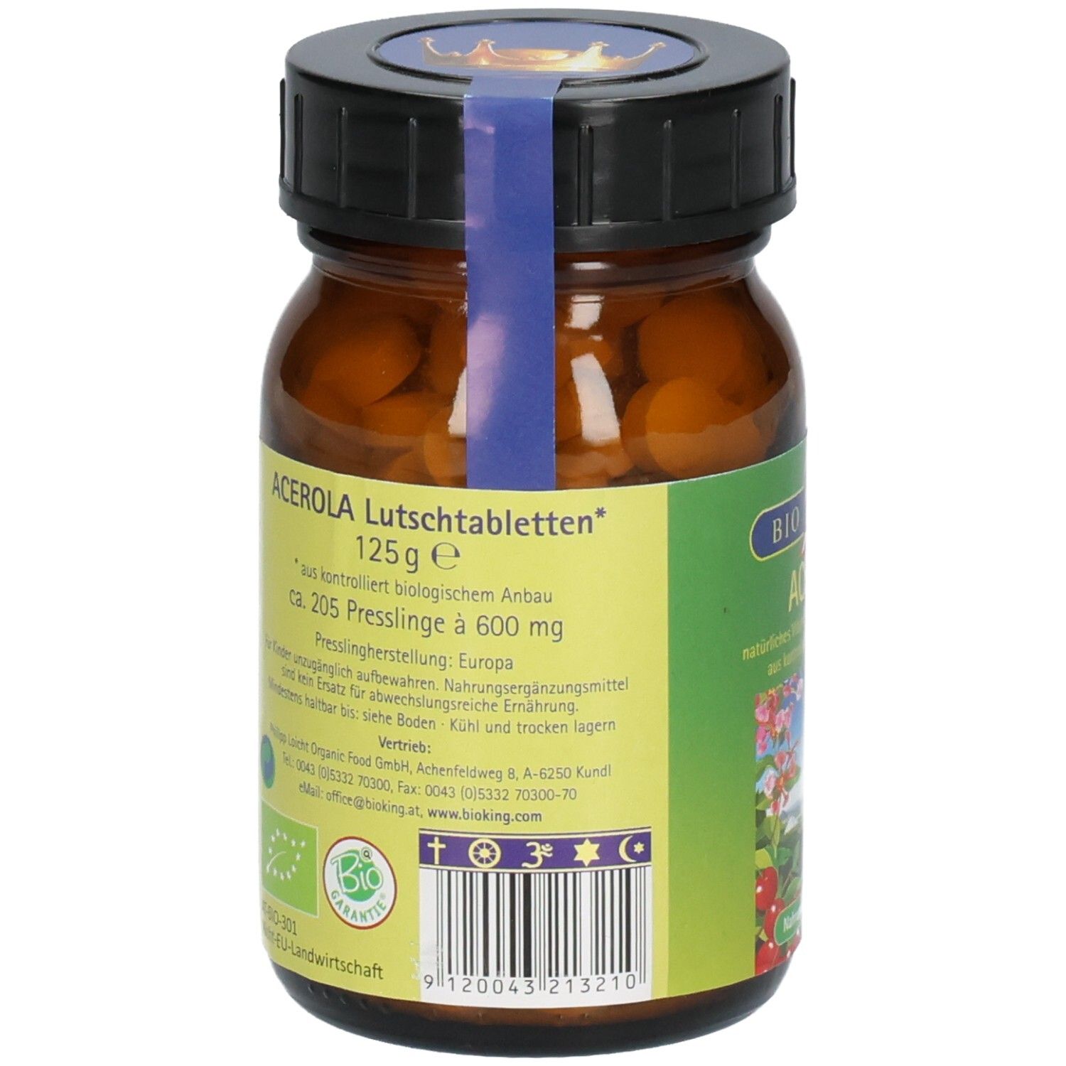 Rückseite einer Flasche BIO Acerola Kirsche Lutschtabletten. Etikett mit Nährwertangaben, Bio-Siegel und Barcode. Enthält ca. 205 Presslinge.