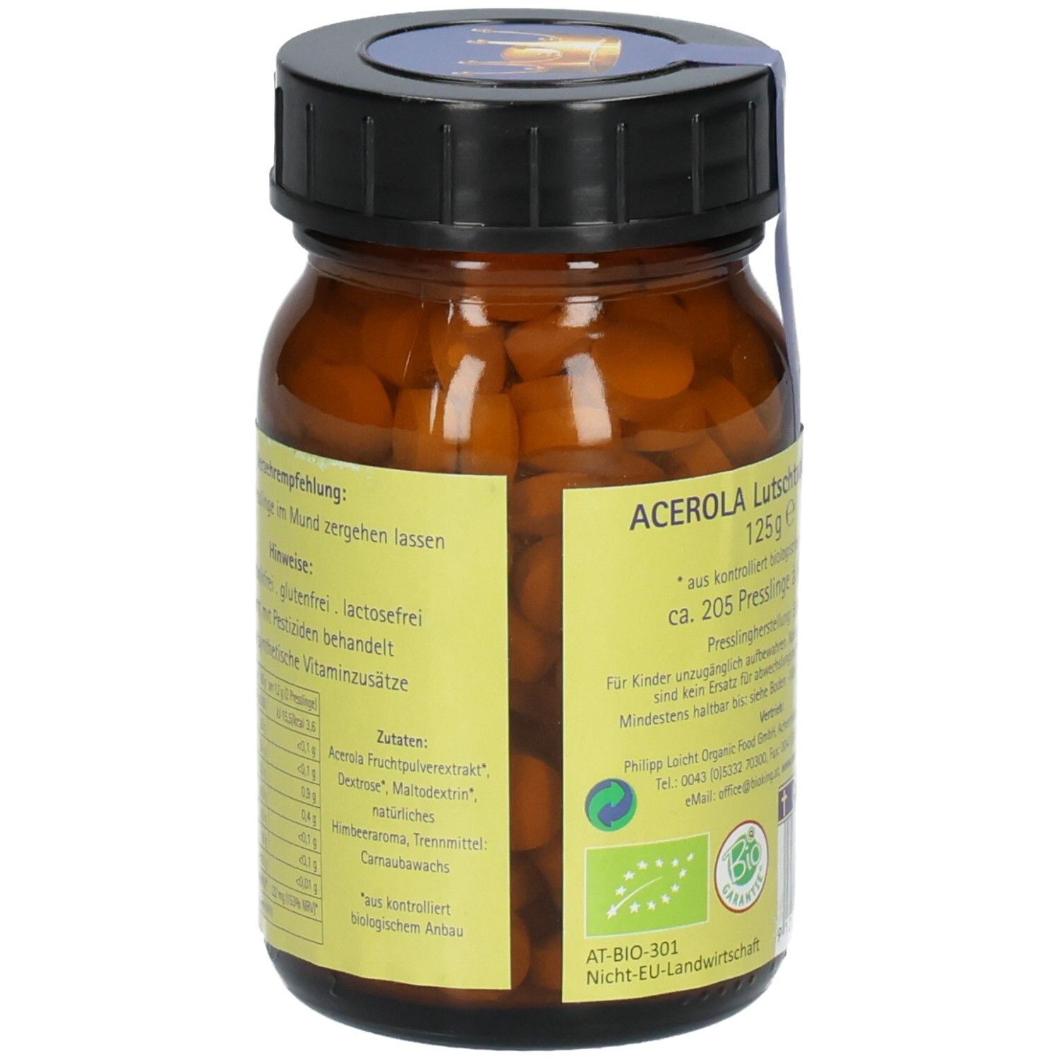 Seitenansicht einer Flasche BIO Acerola Kirsche Lutschtabletten. Etikett mit Zutatenliste, Hinweisen und Bio-Siegel. Enthält ca. 205 Presslinge.