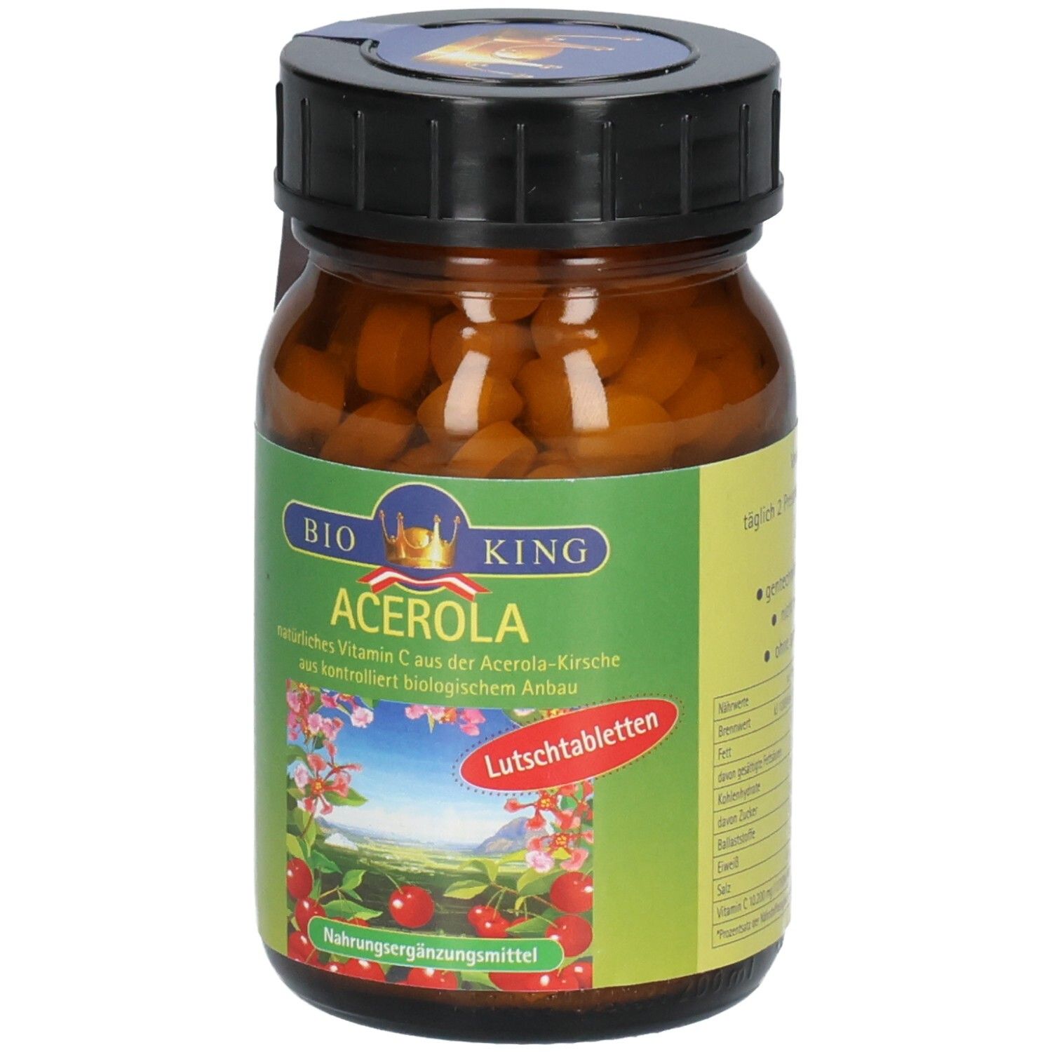 Vorderseite einer Flasche BIO Acerola Kirsche Lutschtabletten. Etikett mit BIO KING Logo, Kirschmotiv und Produktbezeichnung.