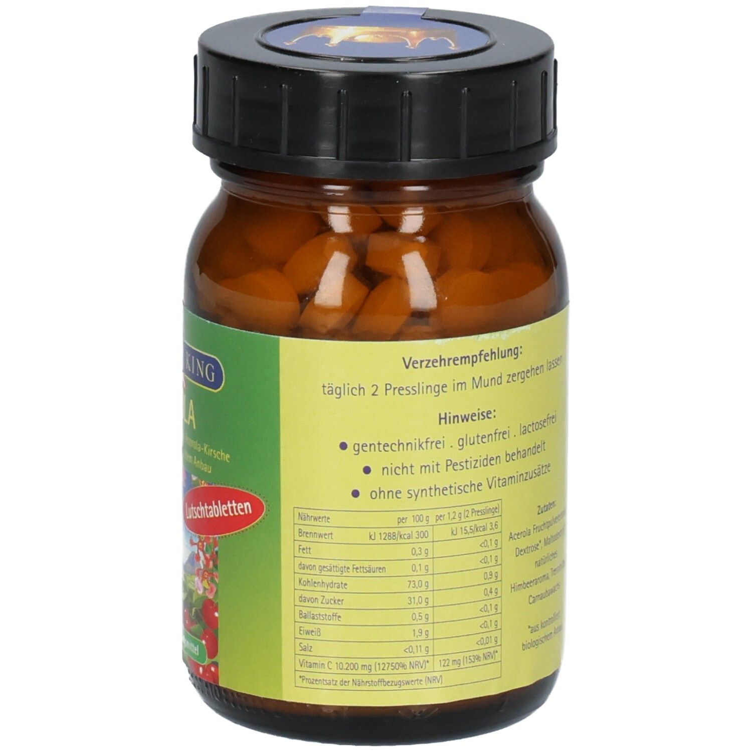 Rückseite einer Flasche BIO Acerola Kirsche Lutschtabletten. Etikett mit Verzehrempfehlung, Hinweisen und Nährwertangaben.