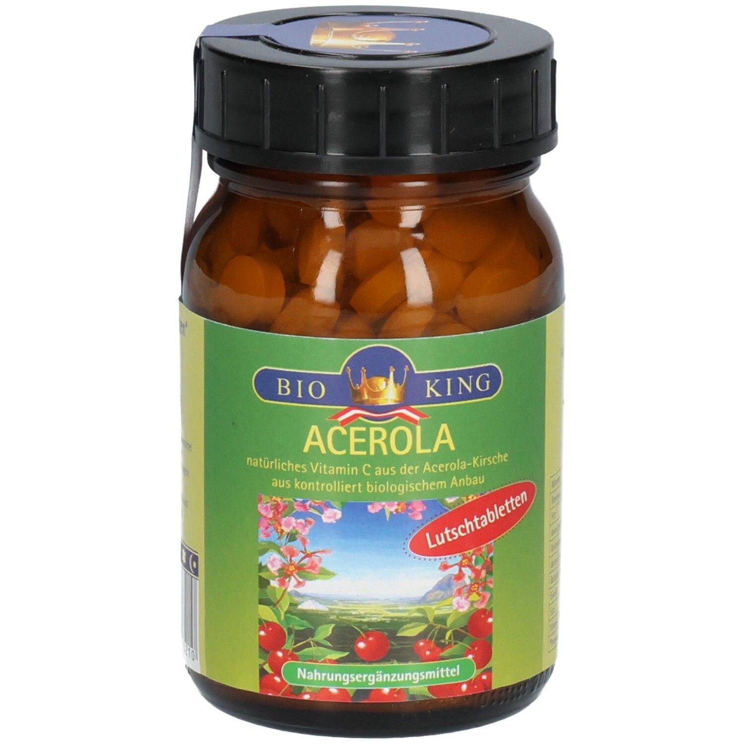 Vorderseite einer Flasche BIO Acerola Kirsche Lutschtabletten. Etikett mit Kirschmotiv, BIO KING Logo und Produktbezeichnung.