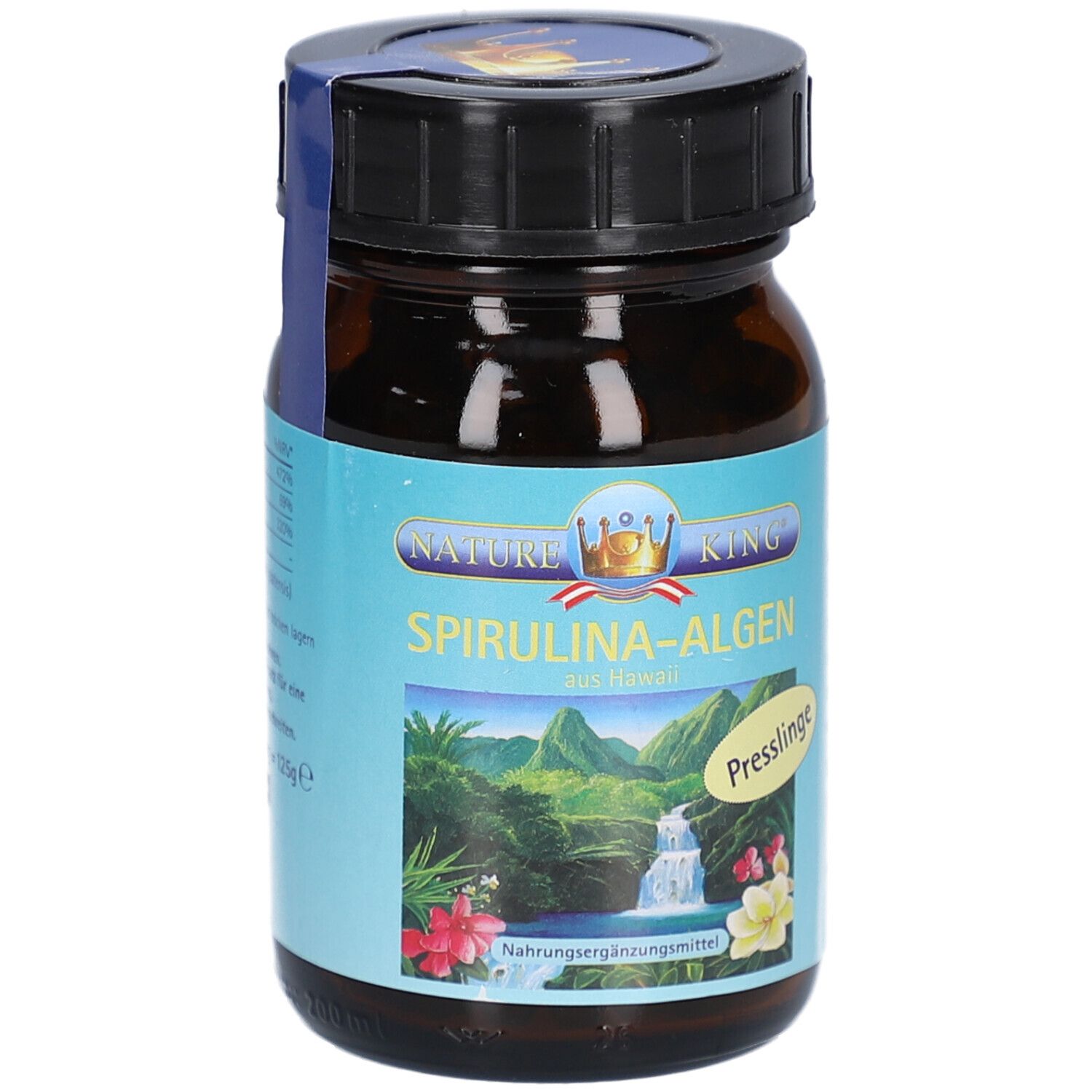 Braune Glasflasche mit schwarzem Deckel. Etikett mit Produktname und hawaiianischer Landschaft. Aufschrift: Spirulina-Algen.