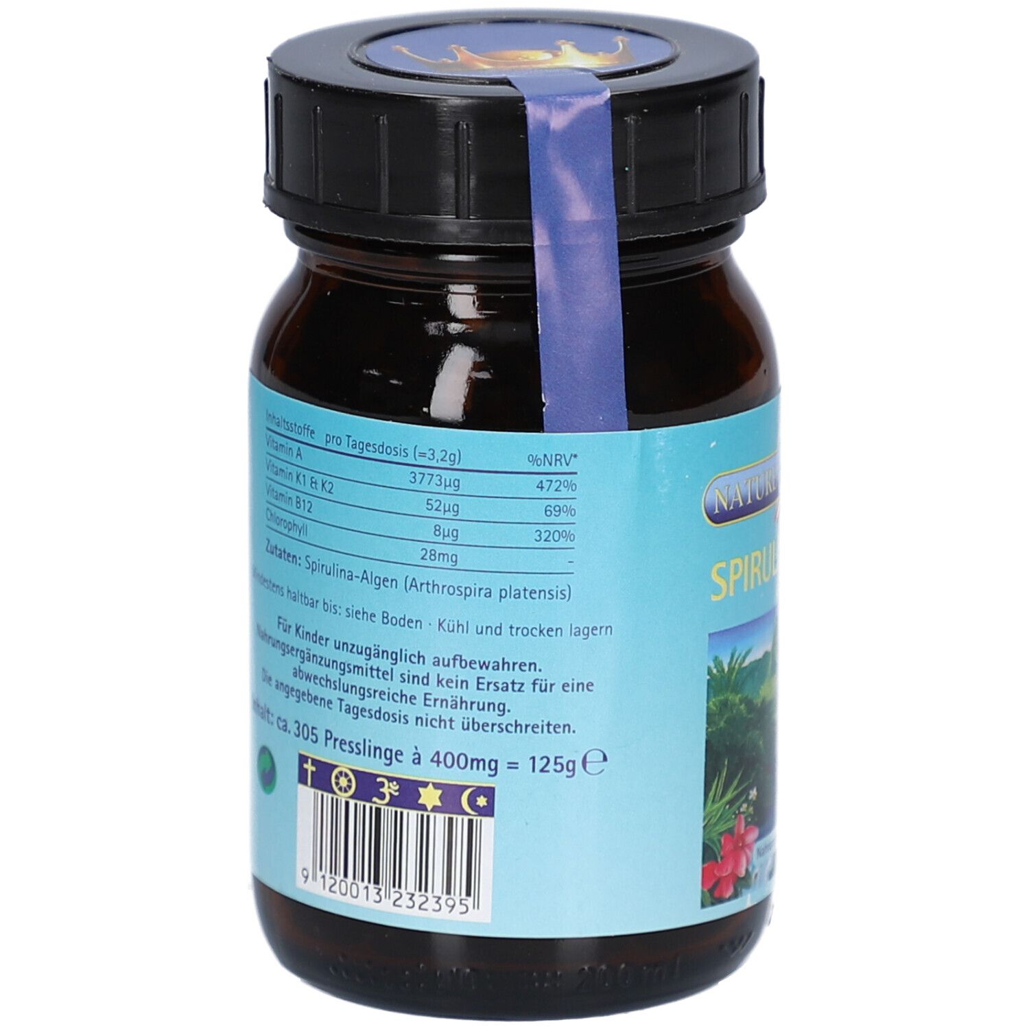 Rückseite der Flasche. Etikett mit Nährwertangaben und Inhaltsstoffen. Enthält ca. 305 Presslinge.