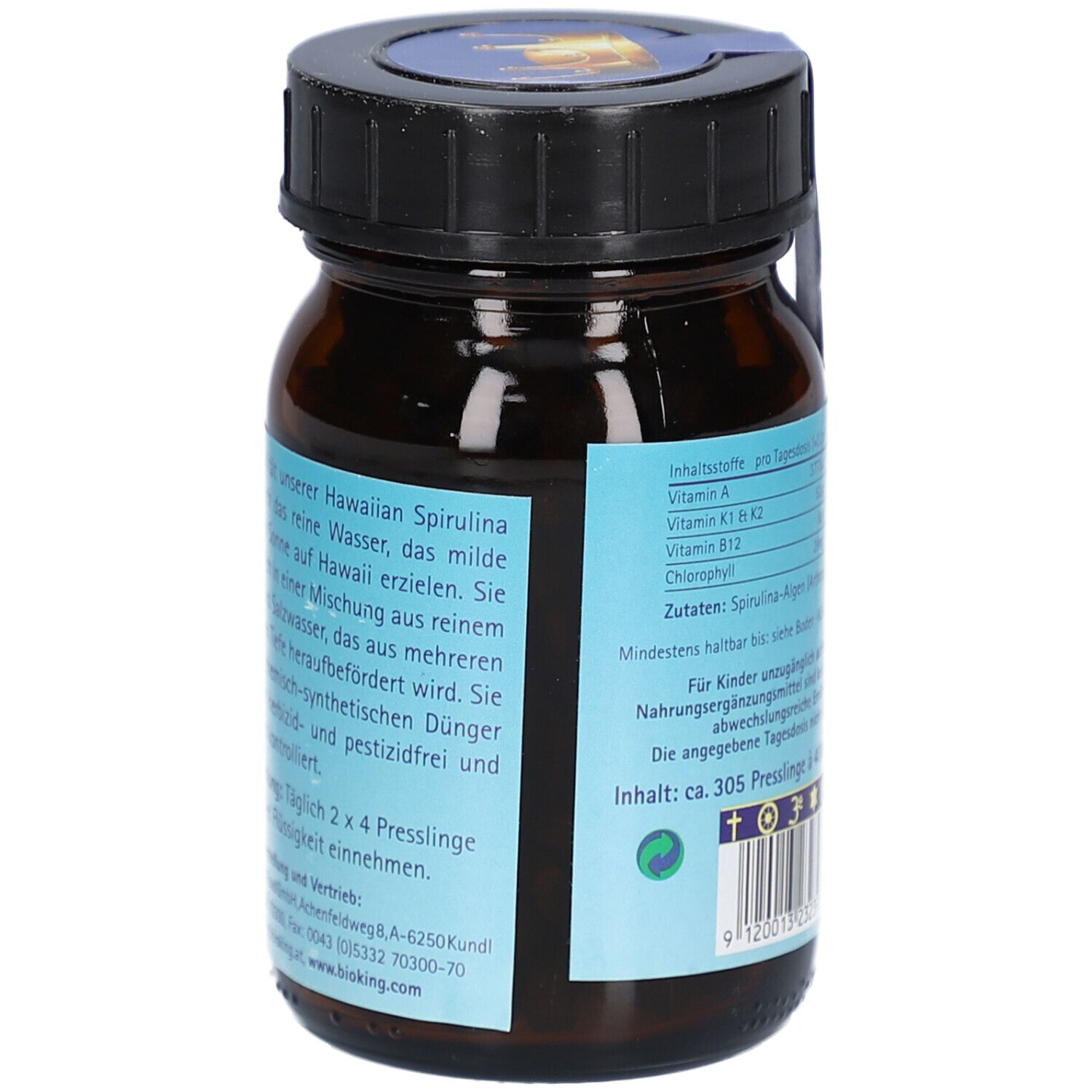 Rückseite der Flasche. Etikett mit Produktinformationen und Herstellerangaben. Enthält ca. 305 Presslinge.