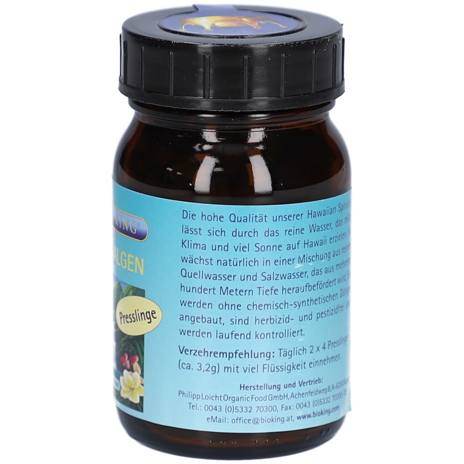 Rückseite der Flasche. Etikett mit Produktinformationen und Herstellerangaben. Enthält ca. 305 Presslinge.