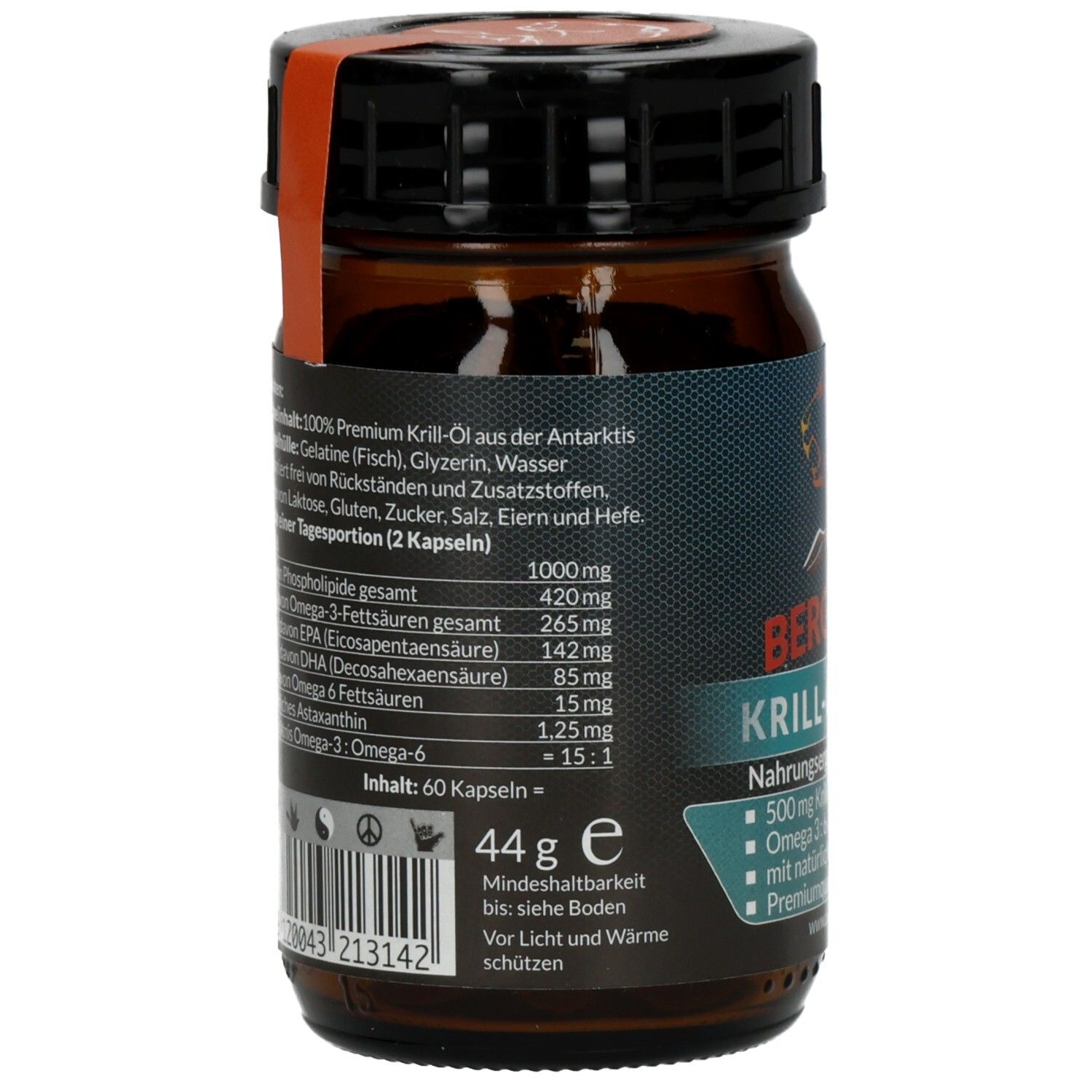 Braune Glasflasche mit schwarzem Deckel. Aufkleber mit Inhaltsangaben. Enthält Krill-Öl, Omega-3-Fettsäuren.