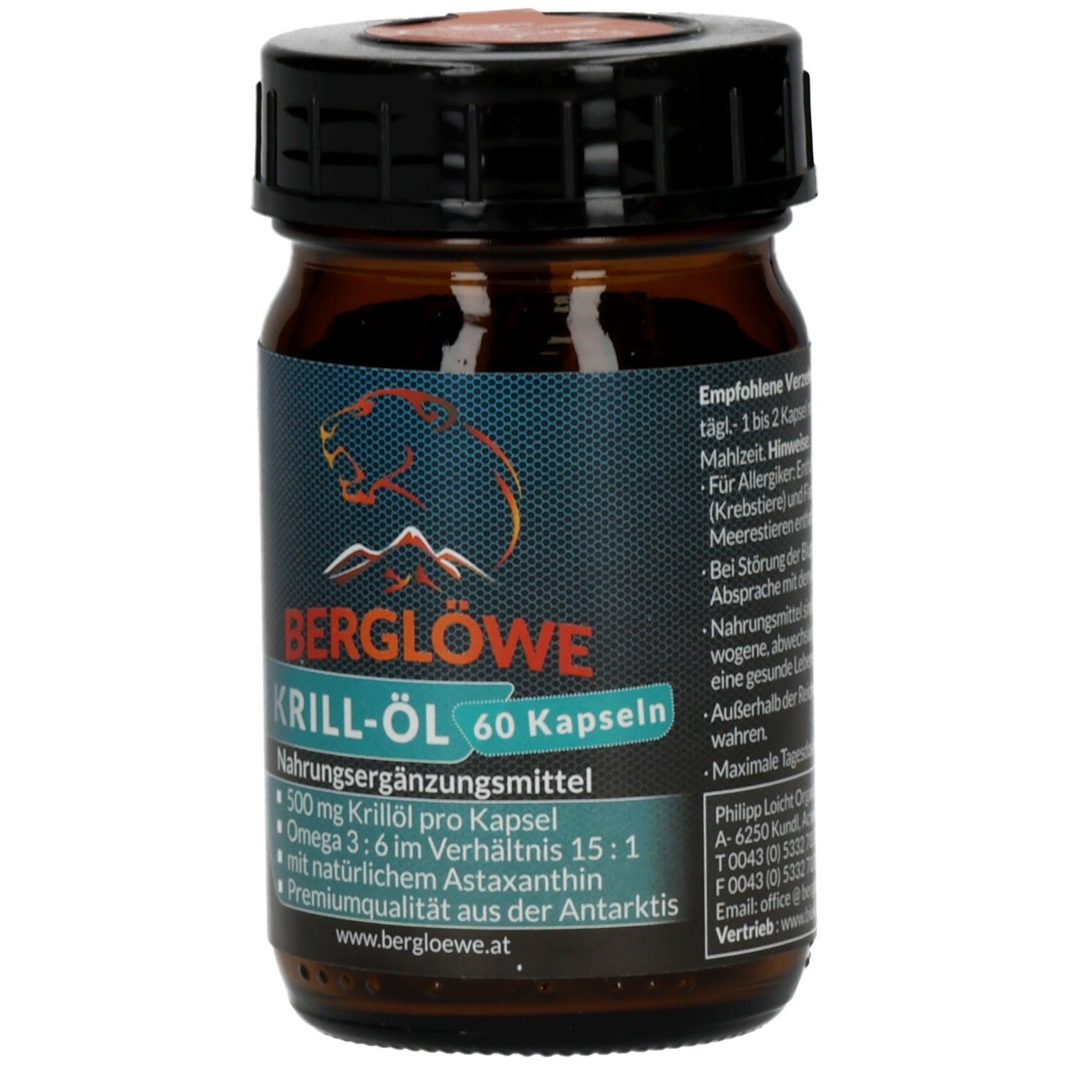 Braune Glasflasche mit schwarzem Deckel. Aufschrift: BERGLÖWE KRILL-ÖL 60 Kapseln. Enthält Omega 3.