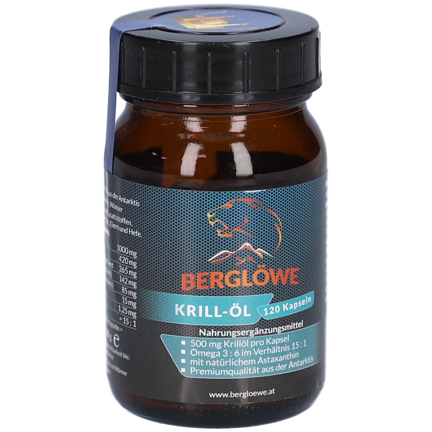 Braune Glasflasche mit schwarzen Deckel. Etikett mit Produktinformationen und dem Logo BERGLÖWE. Enthält 120 Kapseln.