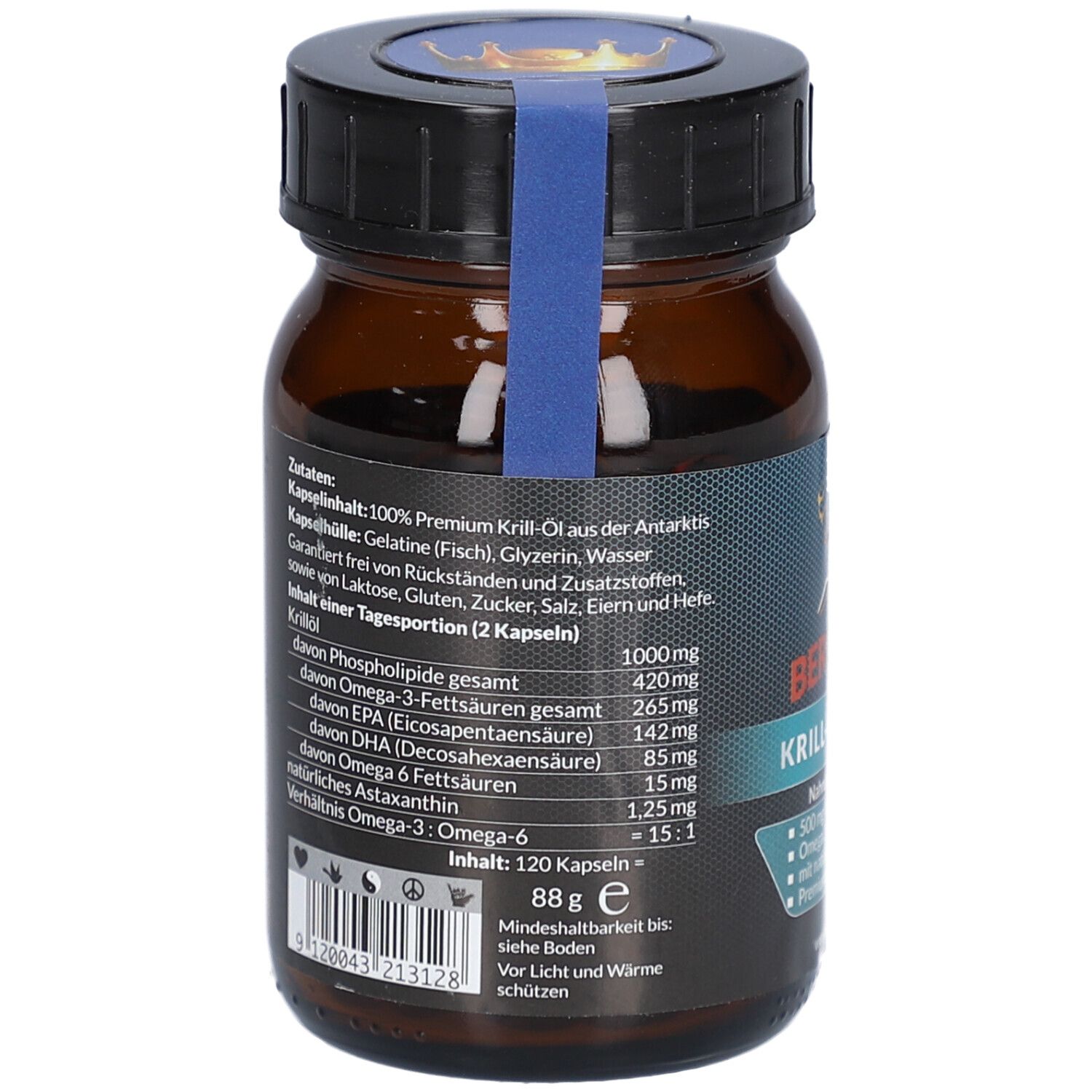 Rückseite der braunen Glasflasche mit schwarzen Deckel. Etikett mit Inhaltsstoffen und Nährwertangaben. Enthält 120 Kapseln.