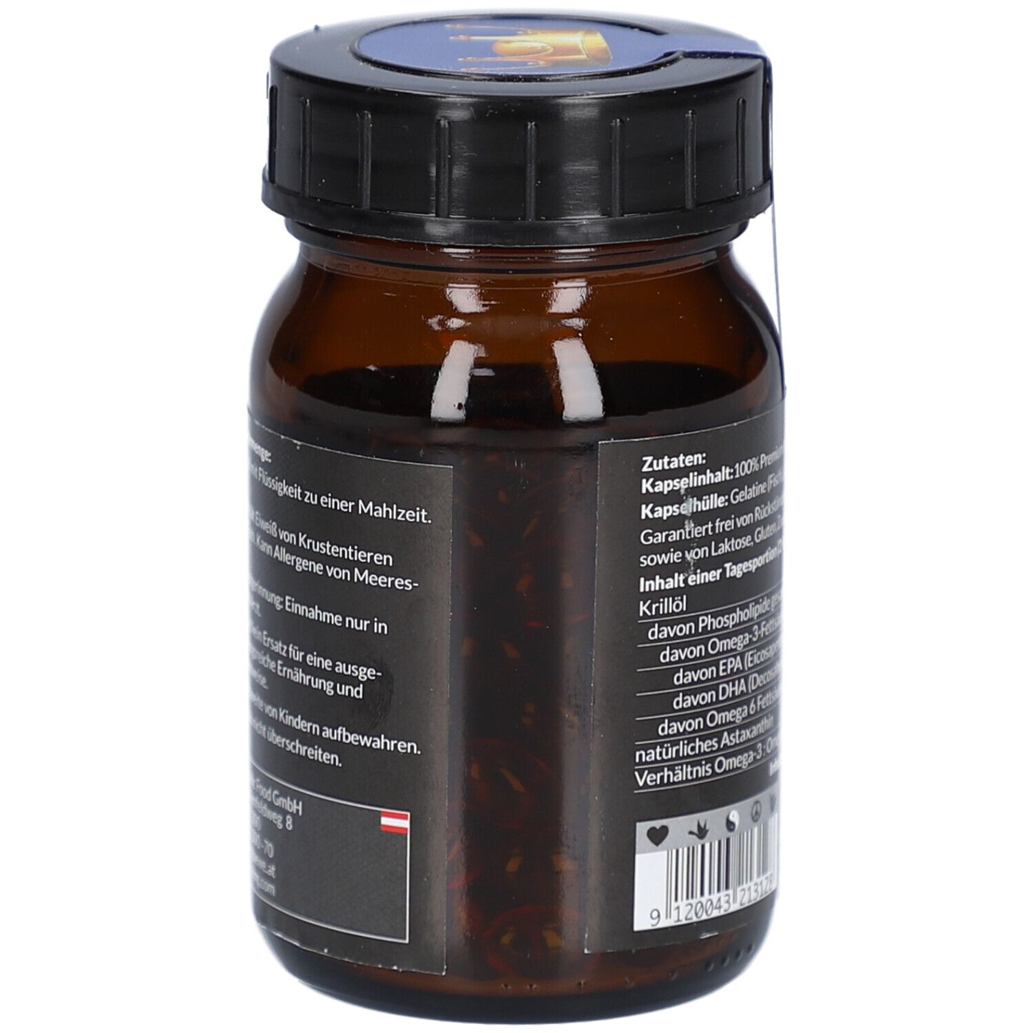 Braune Glasflasche mit schwarzen Deckel. Etikett mit Produktinformationen und Warnhinweisen. Enthält 120 Kapseln.