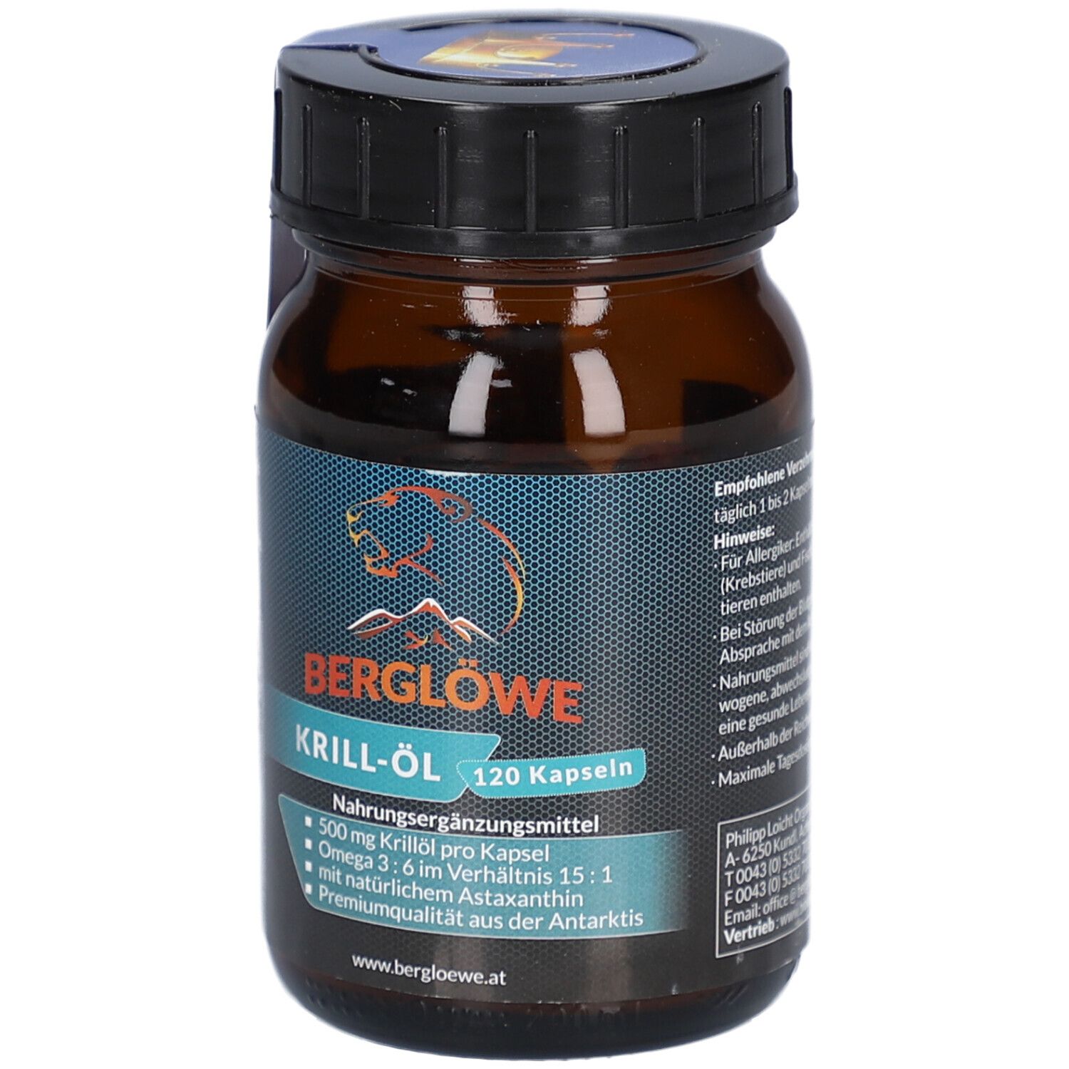 Braune Glasflasche mit schwarzen Deckel. Etikett mit Produktinformationen und dem Logo BERGLÖWE. Enthält 120 Kapseln.