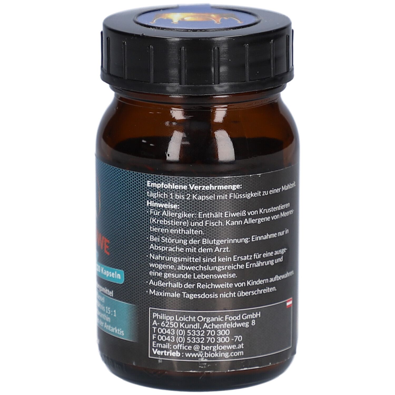 Braune Glasflasche mit schwarzen Deckel. Etikett mit Verzehrempfehlung und Warnhinweisen. Enthält 120 Kapseln.