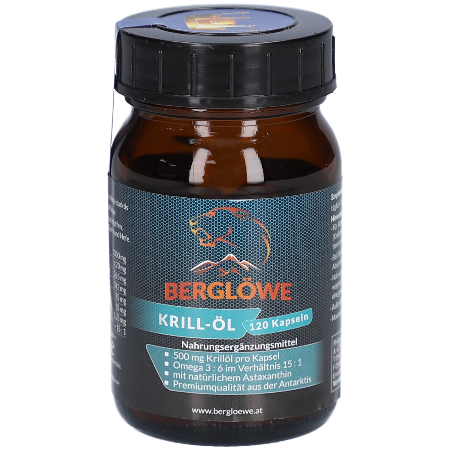 Braune Glasflasche mit schwarzen Deckel. Etikett mit Produktinformationen und dem Logo BERGLÖWE. Enthält 120 Kapseln.