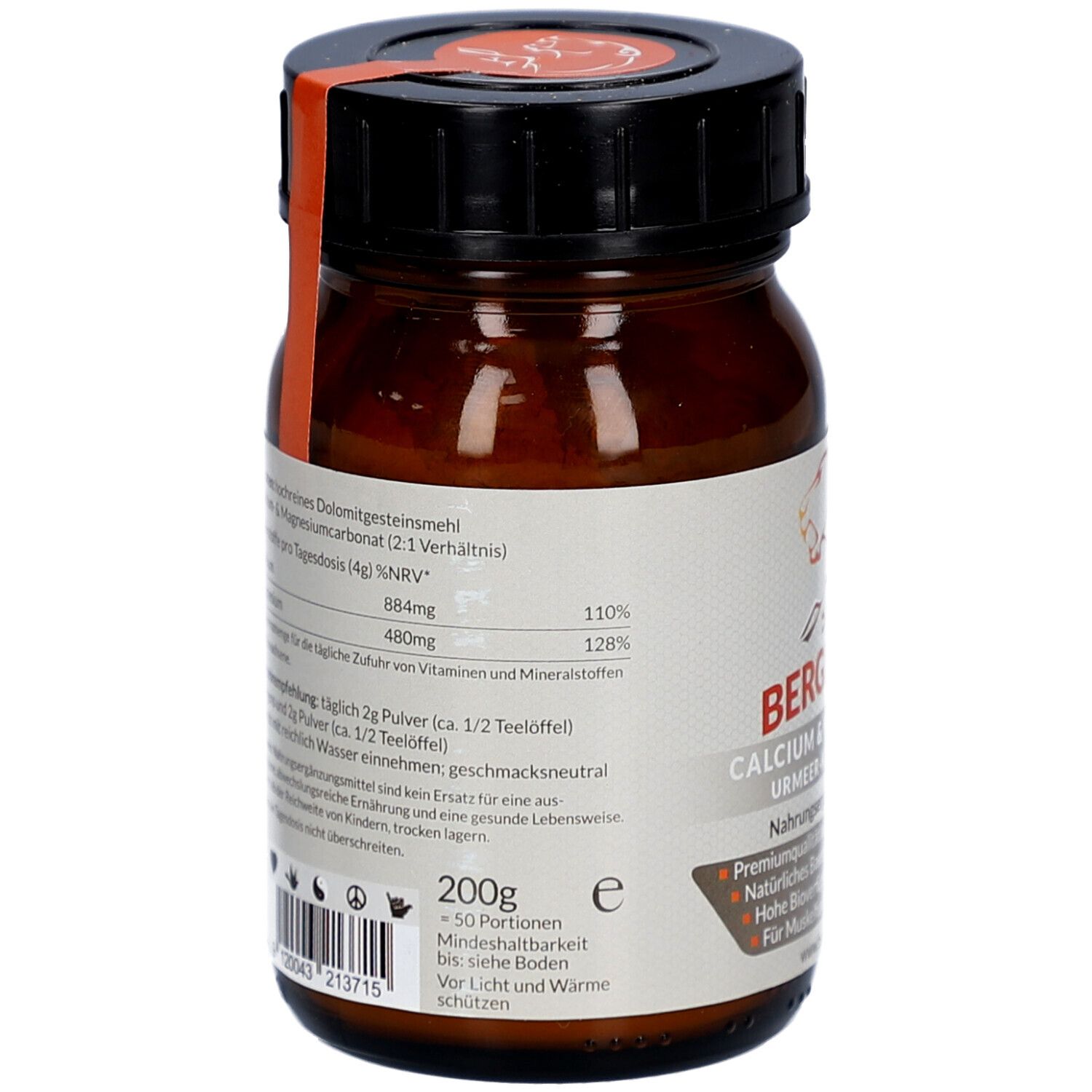 Rückseite der braunen Glasflasche. Etikett mit Inhaltsstoffen, Nährwertangaben und Warnhinweisen. 200g Inhalt.