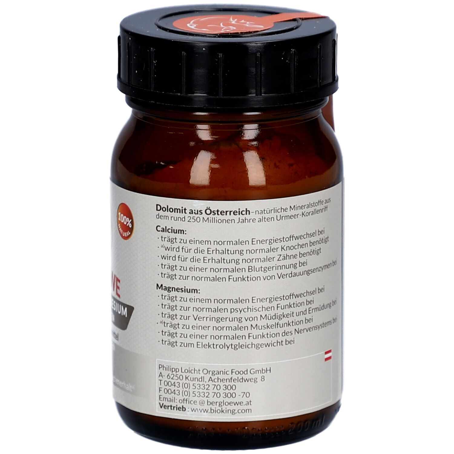 Rückseite der braunen Glasflasche. Etikett mit Informationen zu Calcium und Magnesium. Text und Logo.