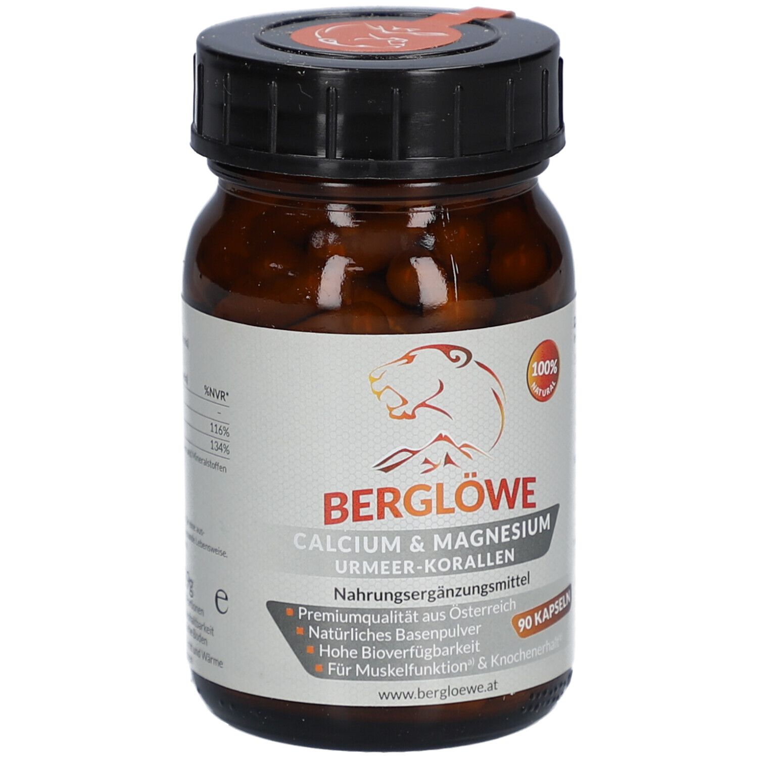 Braune Glasflasche mit Kapseln. Aufschrift: BERGLÖWE CALCIUM & MAGNESIUM. 90 Kapseln. Logo: Bär.
