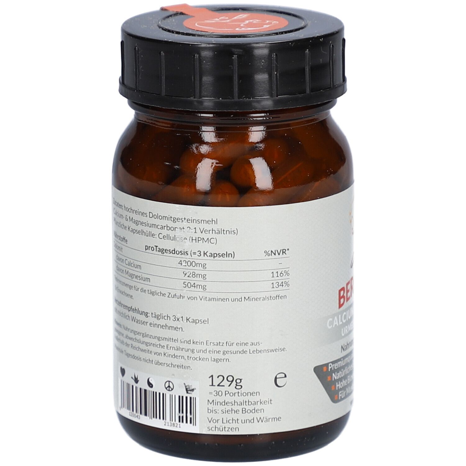 Rückseite der braunen Glasflasche. Enthält Informationen zu Inhaltsstoffen und Nährwerten. 129g. Barcode.