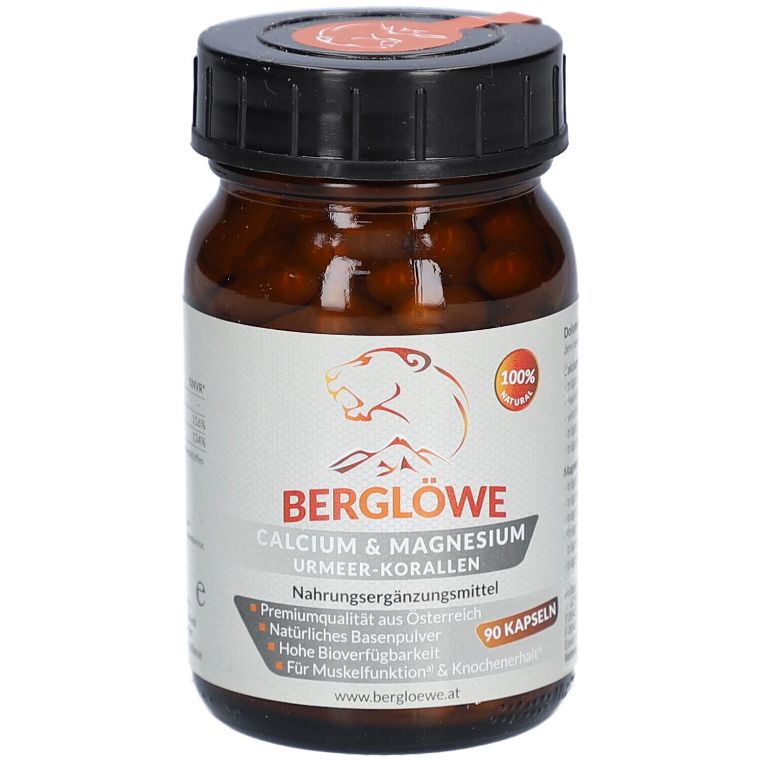 Braune Glasflasche mit Kapseln. Aufschrift: BERGLÖWE CALCIUM & MAGNESIUM. 90 Kapseln. Logo: Bär.