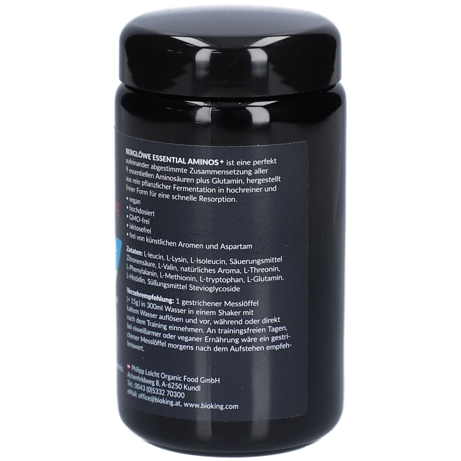 Schwarze Dose mit Produktetikett. Enthält eine Zutatenliste und Anwendungshinweise. Herstellerinformationen.