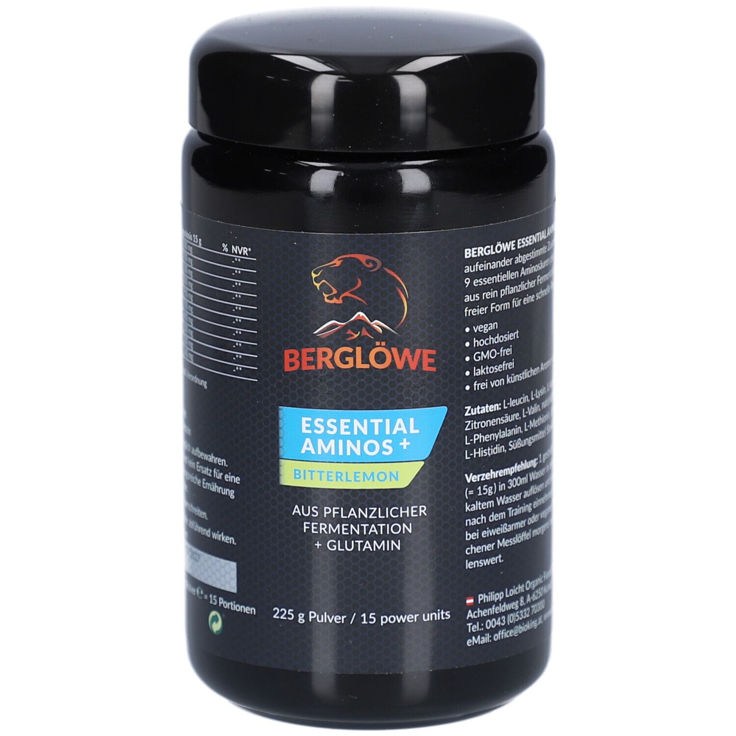Schwarze Dose mit Produktetikett. Aufschrift: BERGLÖWE ESSENTIAL AMINOS Bitterlemon. Enthält 225 g Pulver. Mit Zutatenliste und Nährwertangaben.