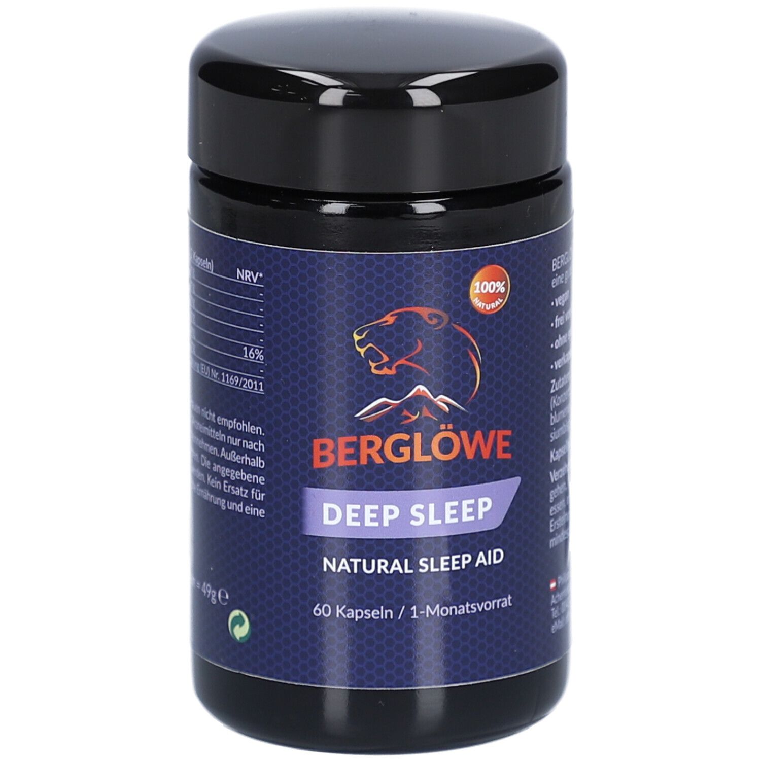 Dunkelblaue Dose mit schwarzem Deckel. Aufschrift: BERGLÖWE DEEP SLEEP Natural Sleep Aid. 60 Kapseln. Siegel: 100%.