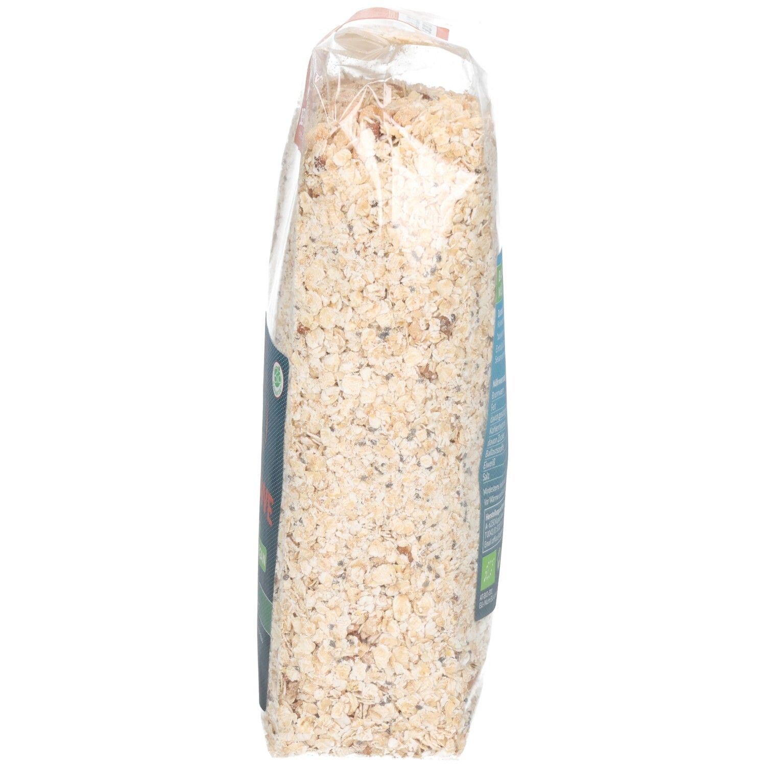 Seitenansicht eines Beutels Berglöwe Bio Müsli Balance, gefüllt mit Müsli.