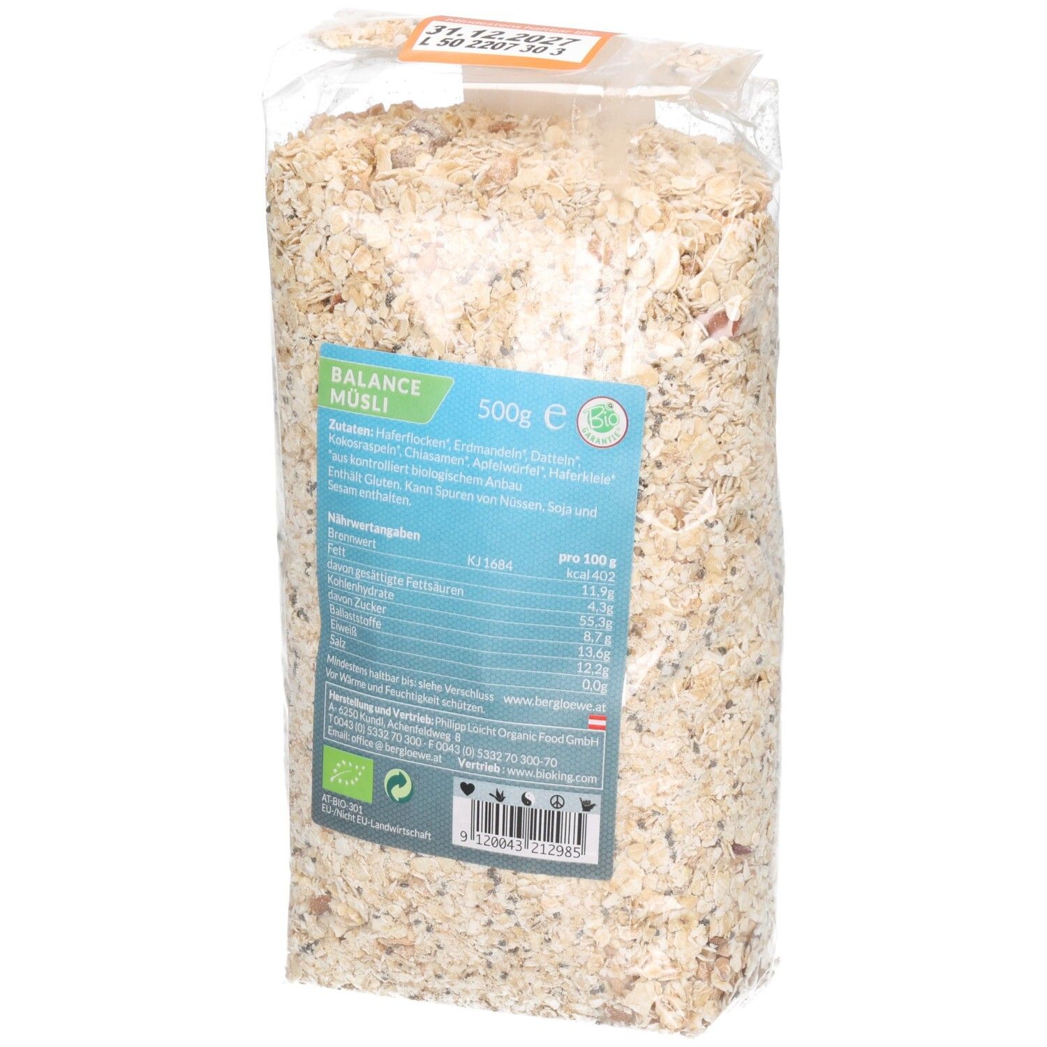 Berglöwe Bio Müsli Balance 500g Beutel mit Zutatenliste und Nährwertangaben.
