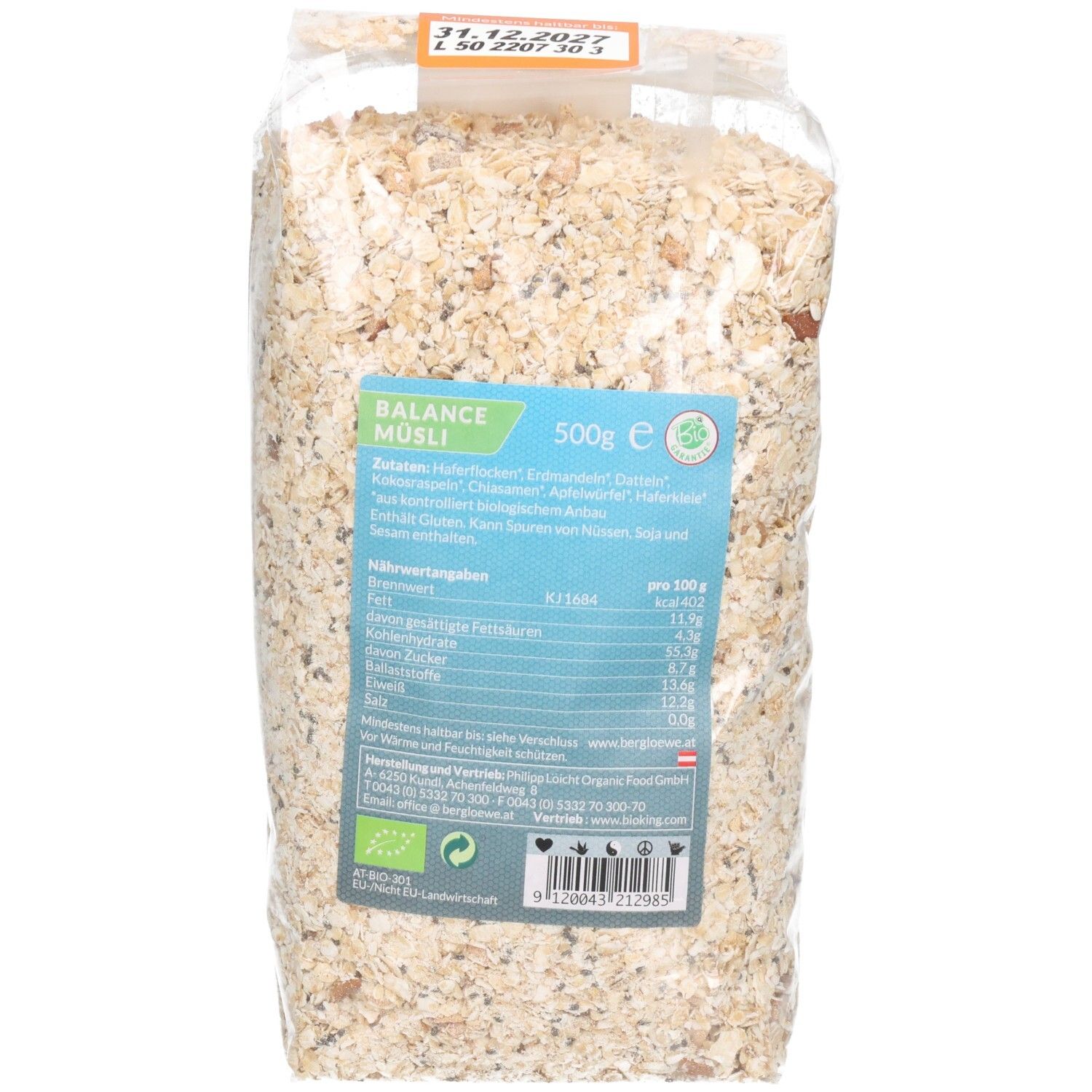 Berglöwe Bio Müsli Balance 500g Beutel mit Nährwertangaben und Bio-Siegel.