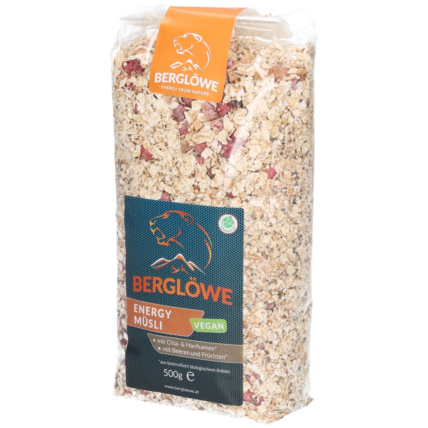 Berglöwe Bio Müsli Energy: Haferflocken, Beeren und Kerne in transparenter 500g Verpackung.