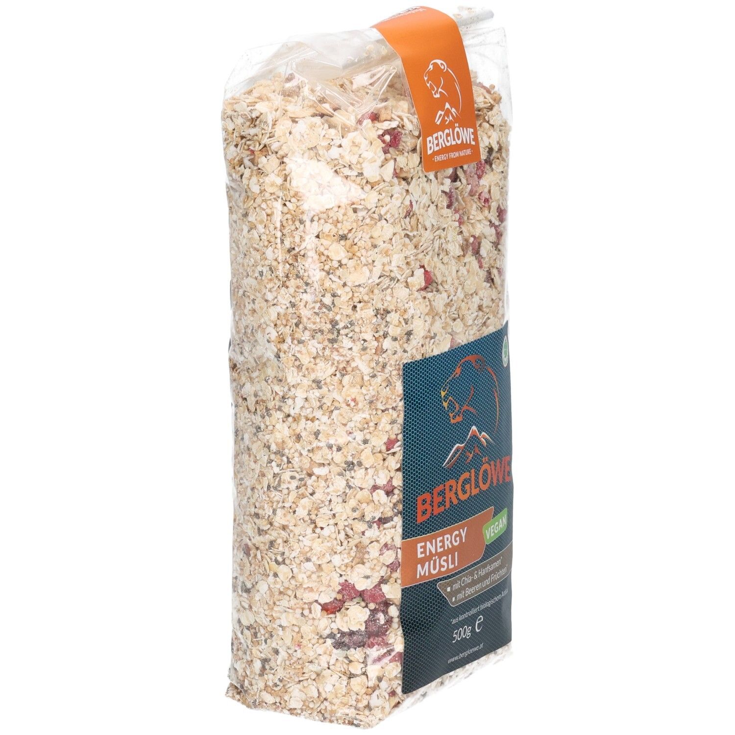 Berglöwe Bio Müsli Energy: Seitenansicht der 500g Verpackung mit Haferflocken, Beeren und Kernen.