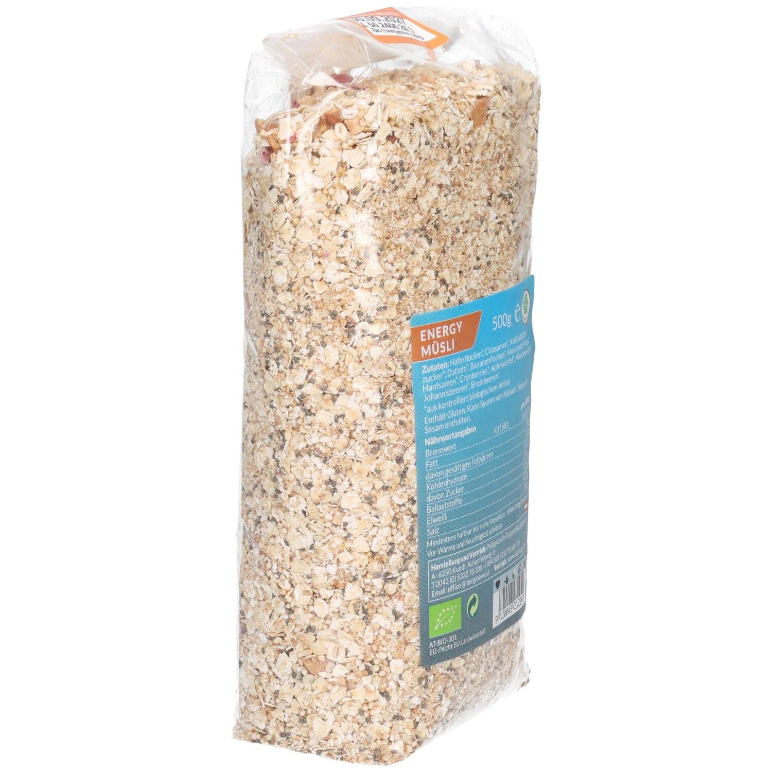 Berglöwe Bio Müsli Energy: Seitenansicht der Rückseite der 500g Verpackung.