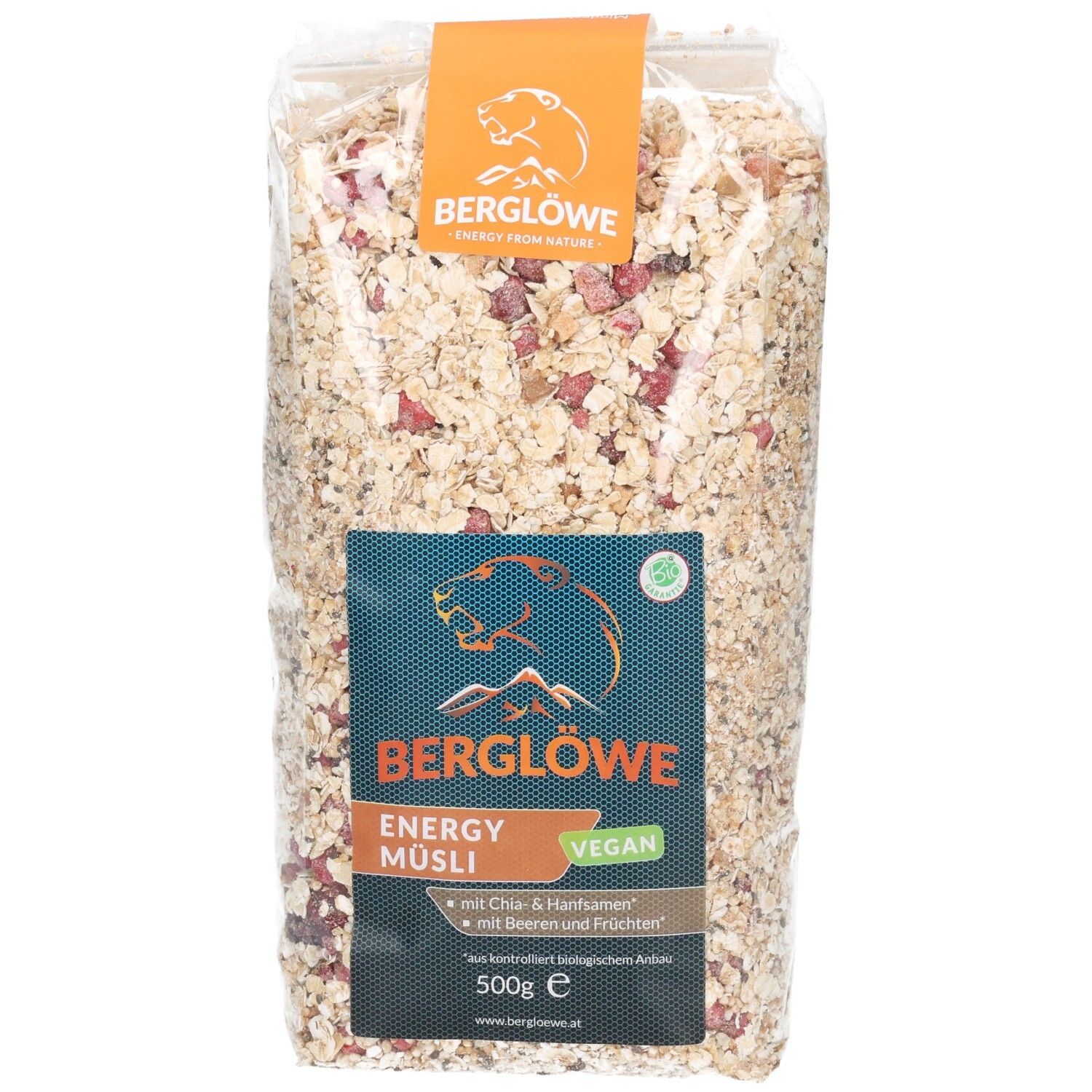 Berglöwe Bio Müsli Energy: Haferflocken, Beeren und Kerne in transparenter 500g Verpackung.