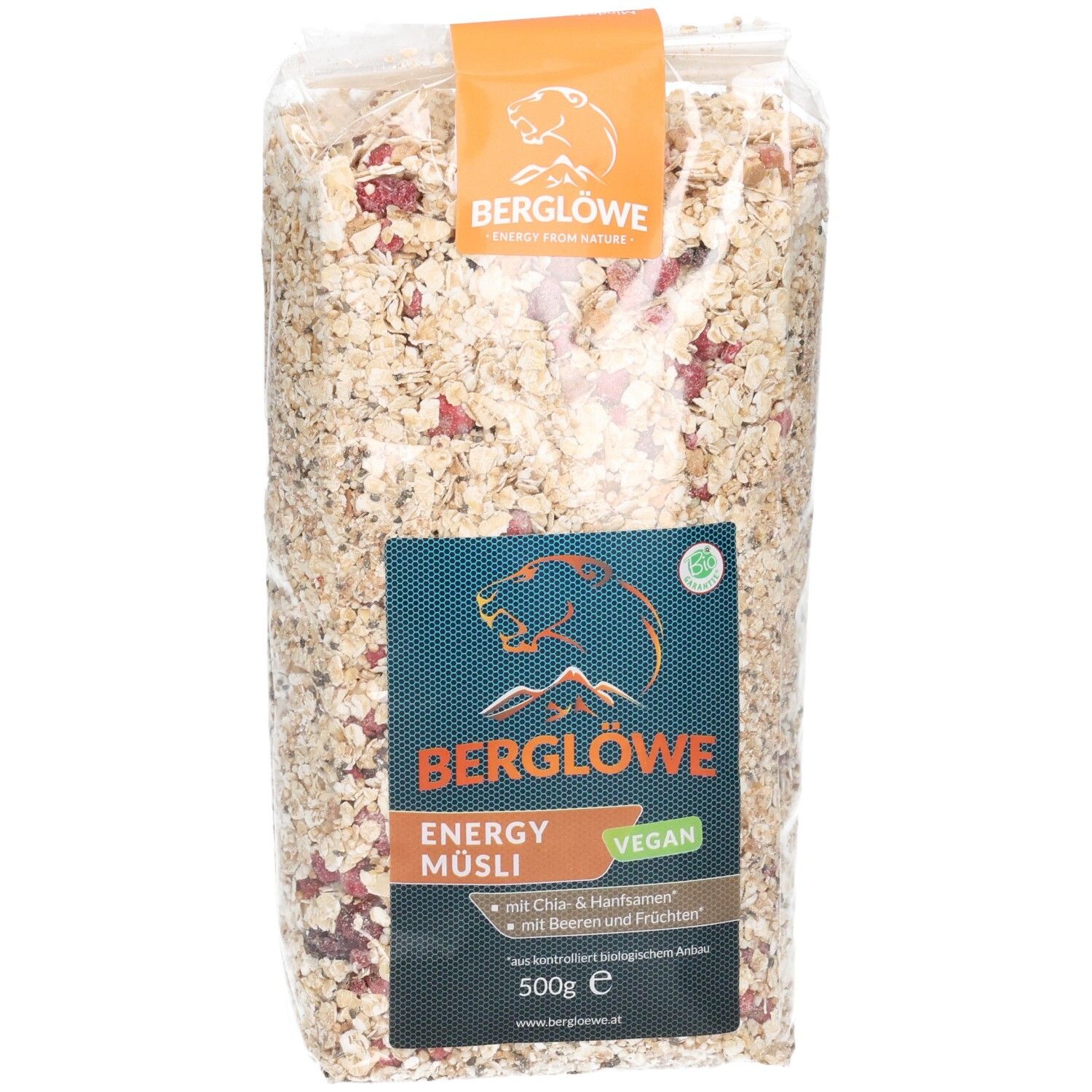 Berglöwe Bio Müsli Energy: Haferflocken, Beeren und Kerne in transparenter 500g Verpackung.
