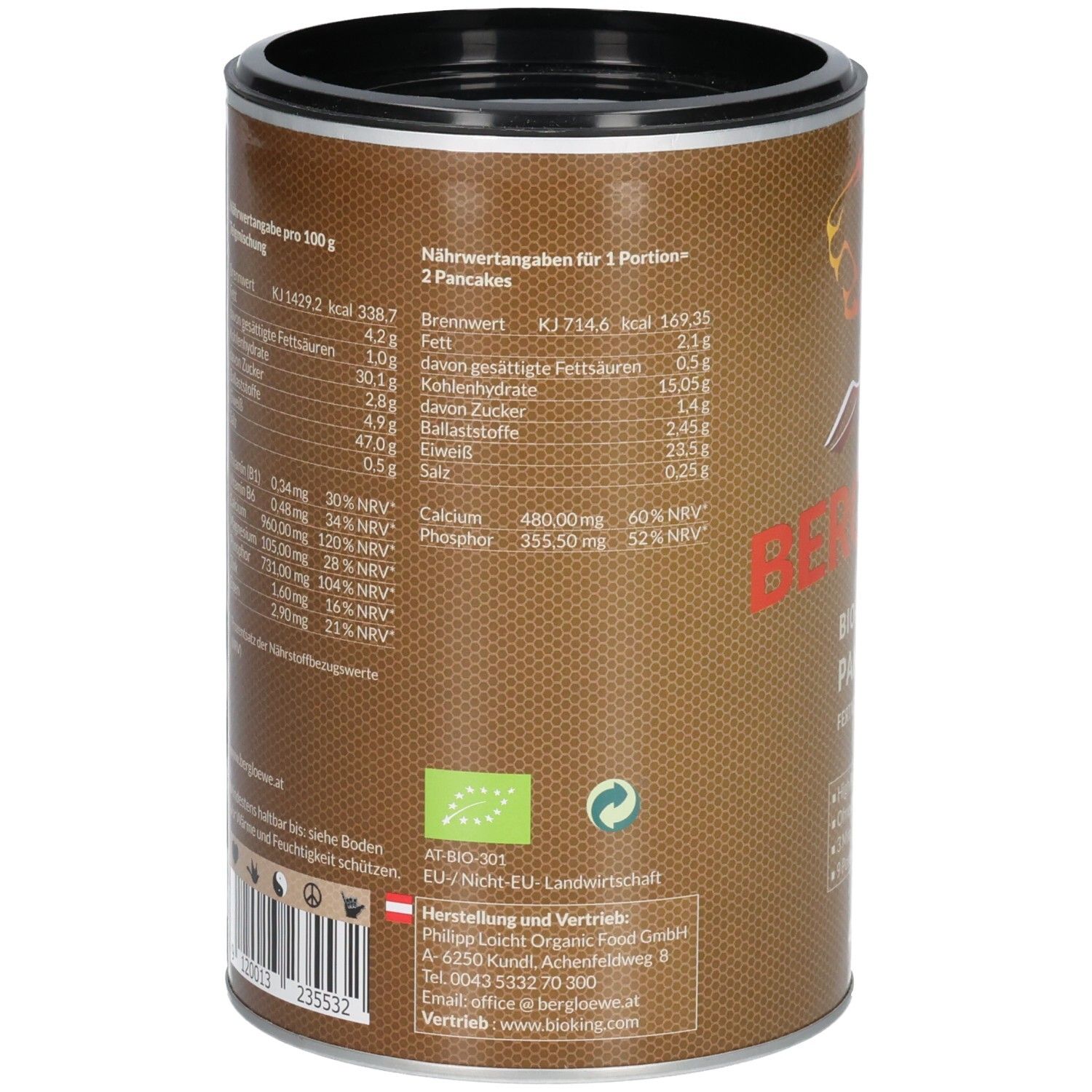 Braune Dose mit Nährwertangaben. Enthält Bio-Siegel und EU-Landwirtschafts-Logo. Barcode und Kontaktinformationen.