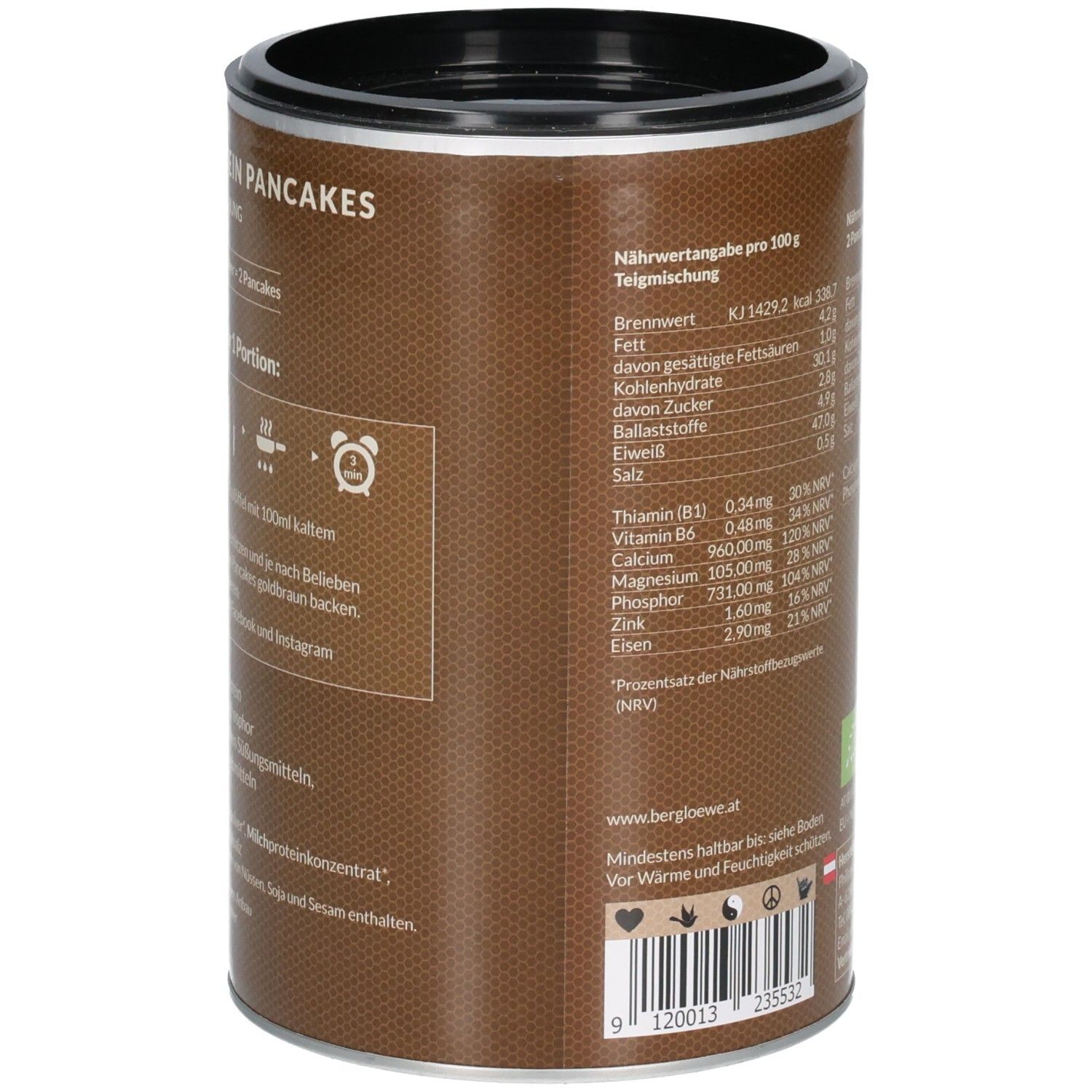 Braune Dose mit Zubereitungshinweisen. Enthält Bio-Siegel. Angaben zu Nährwerten pro 100g. Barcode.