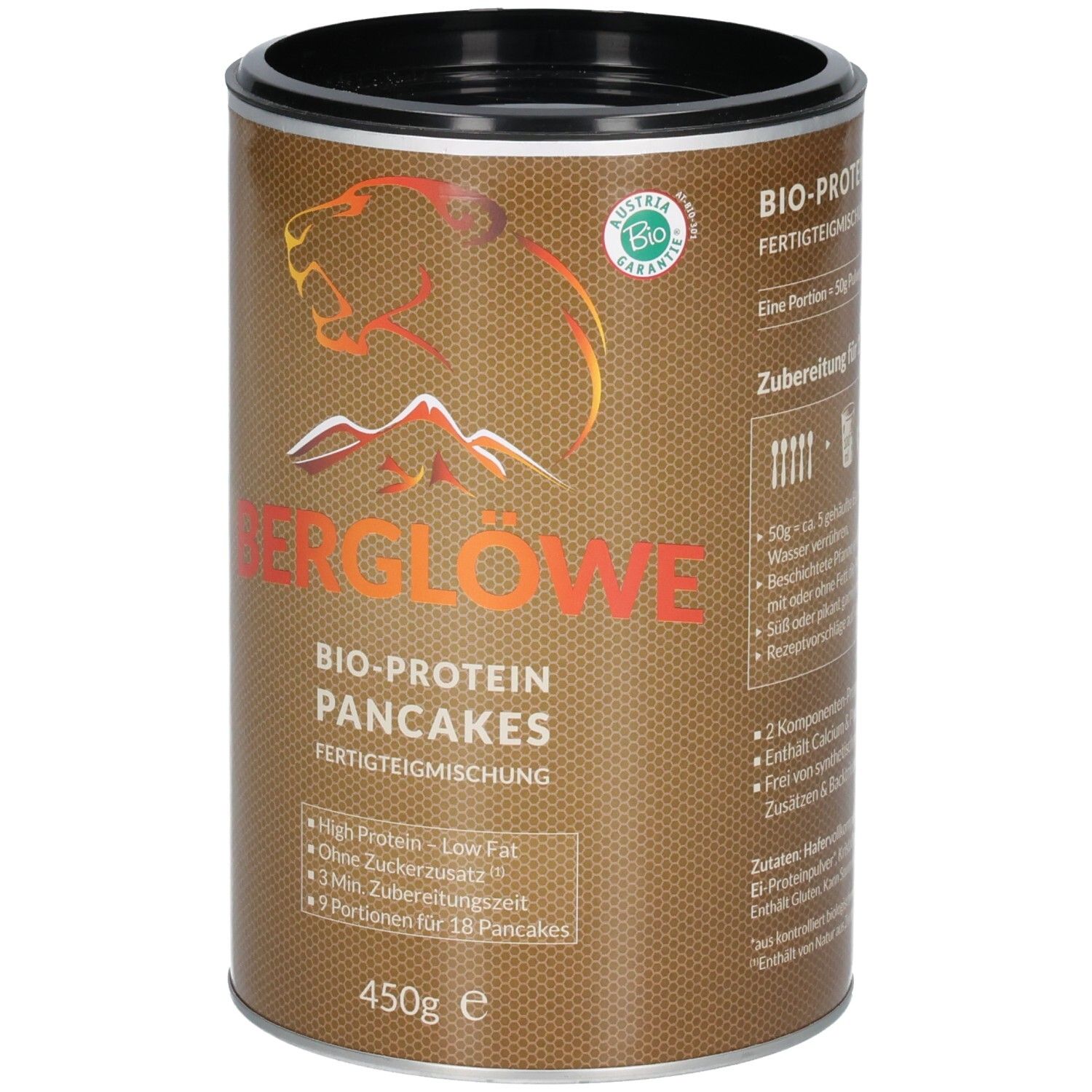 Braune Dose mit schwarzem Deckel. Aufschrift Berglöwe Bio-Protein Pancakes. Enthält 450g. Bio-Siegel.