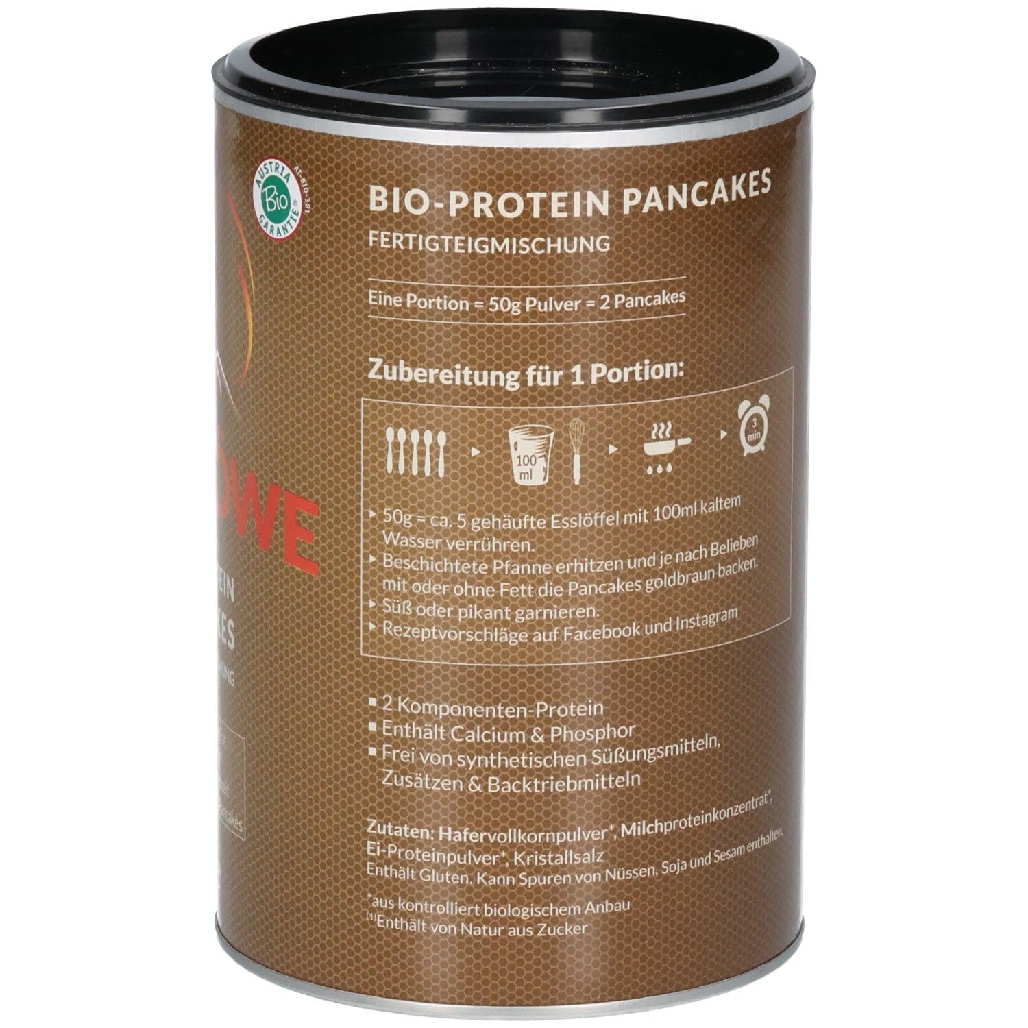 Braune Dose mit Zubereitungshinweisen. Enthält Bio-Siegel. Zutatenliste und Nährwertangaben. 2 Komponenten Protein.