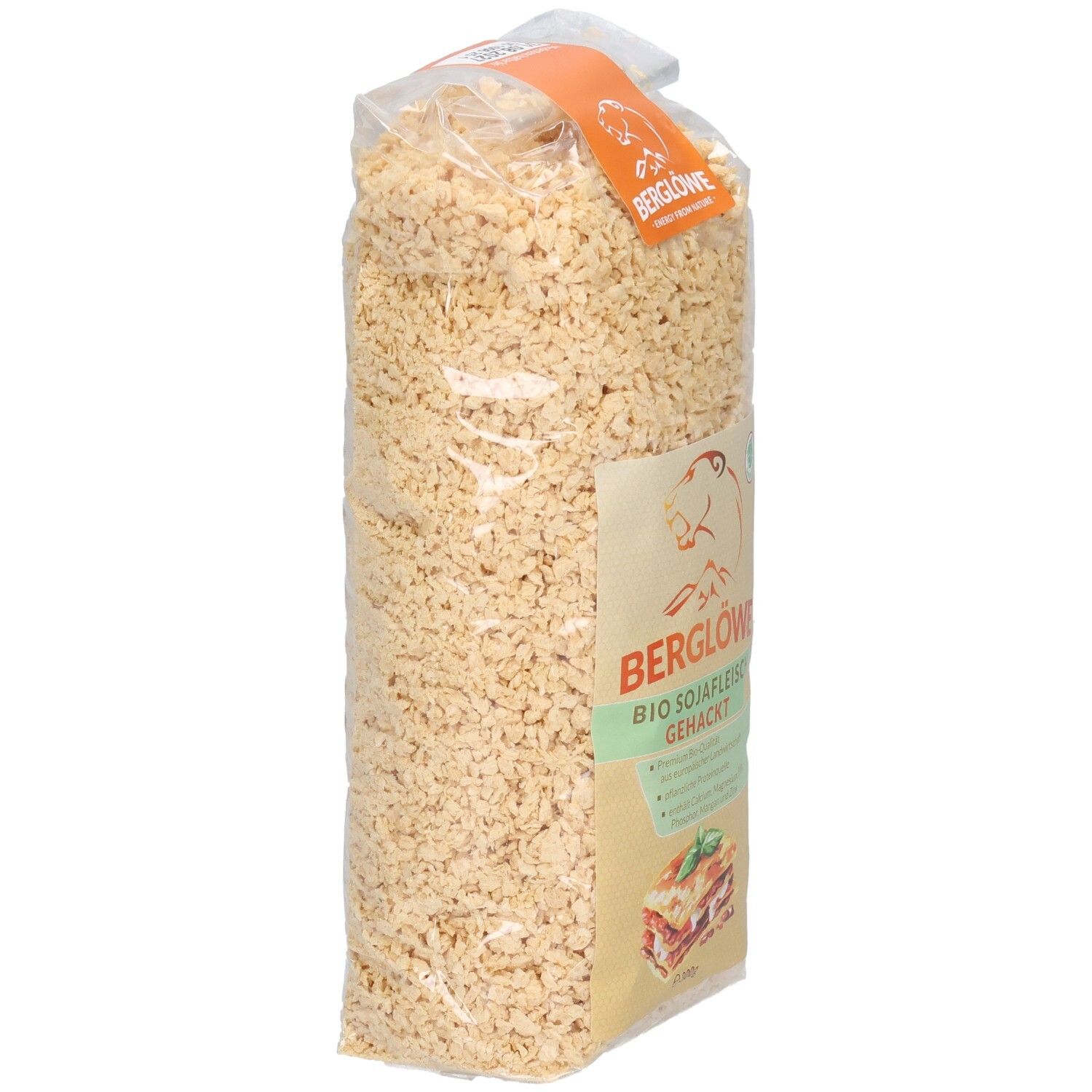 Klare Plastiktüte mit BIO Sojafleisch Gehacktes. Aufdruck: BERGLÖWE, Logo, Produktbild Lasagne, grüne Siegel.