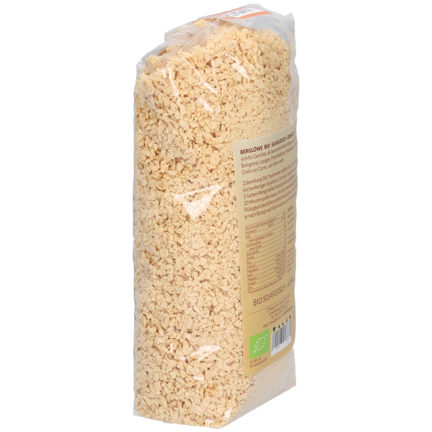 Rückseite der Verpackung mit BIO Sojafleisch Gehacktes. Text, Nährwertangaben, Bio-Siegel.