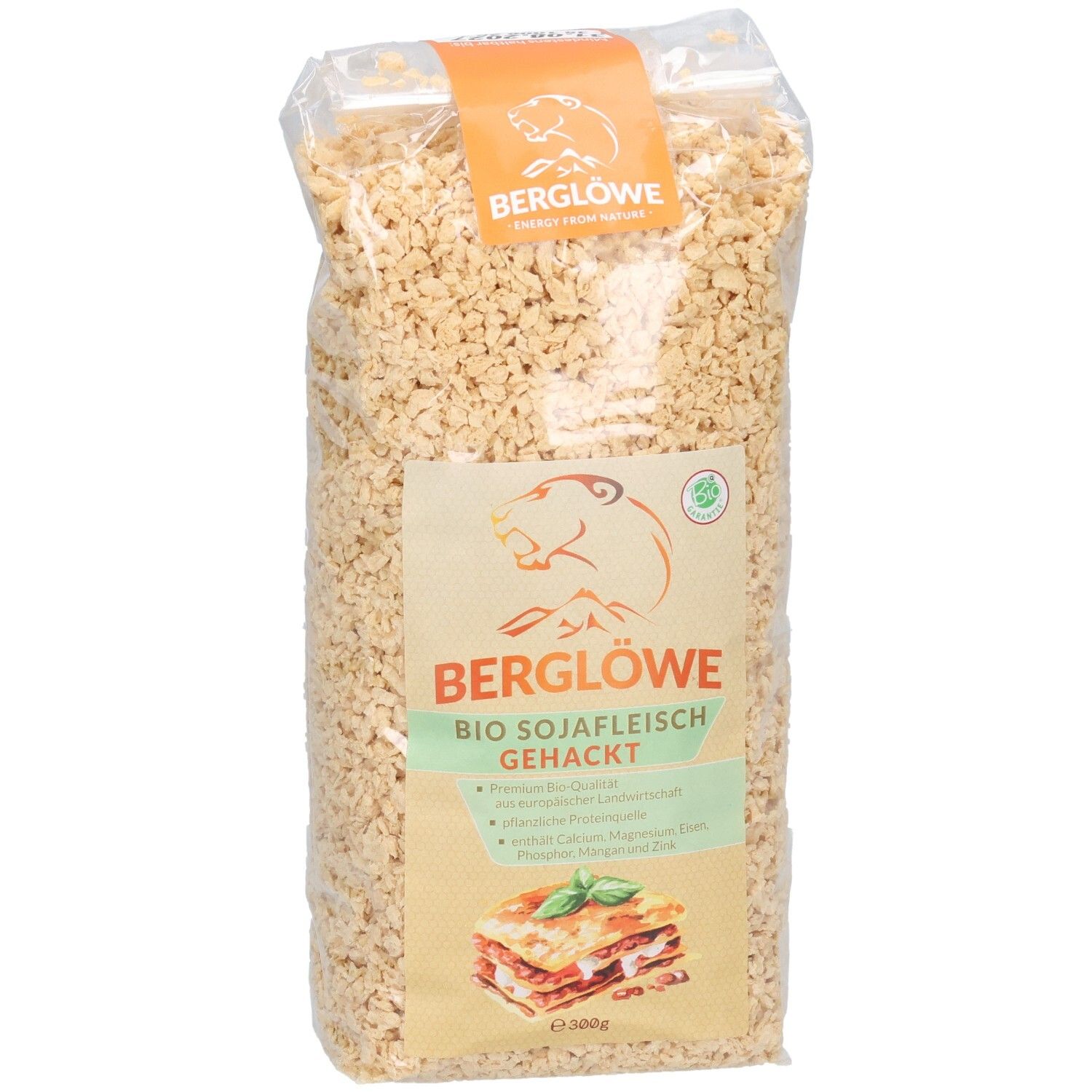 Klare Plastiktüte mit BIO Sojafleisch Gehacktes. Aufdruck: BERGLÖWE, Logo, Produktbild Lasagne, grüne Siegel.