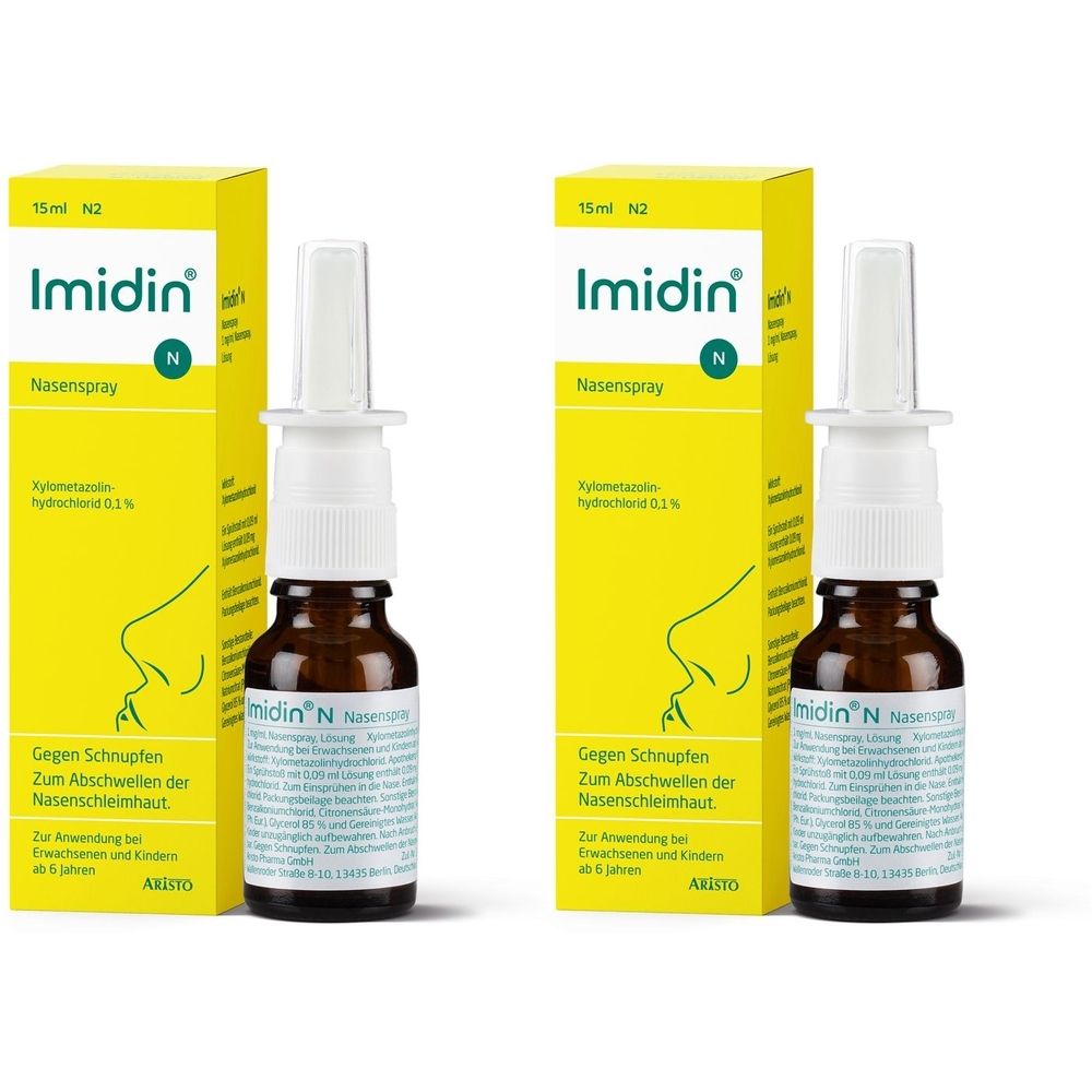 Zwei Flaschen und Schachteln Imidin N Nasenspray. Braune Flaschen mit weißem Sprühkopf, gelbe Schachteln mit Produktinformationen.