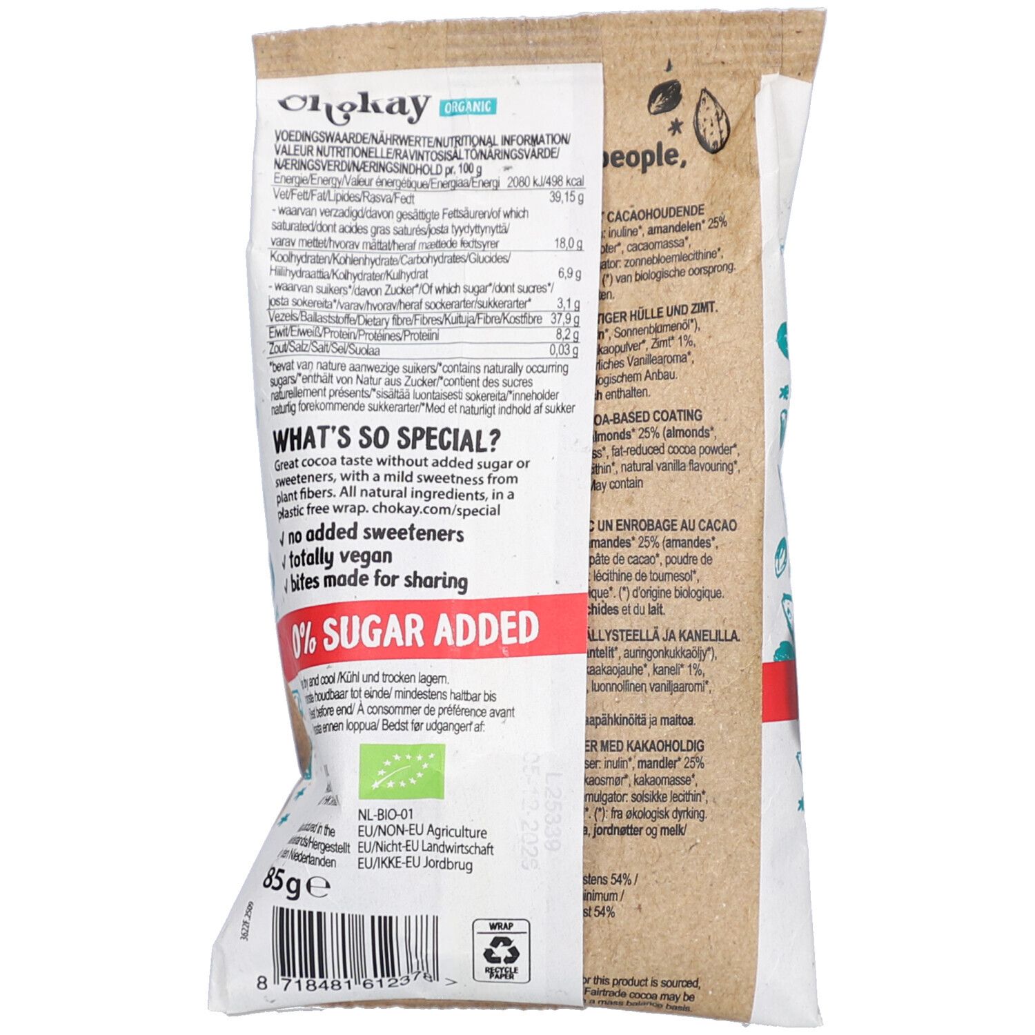 Rückseite der Chokay Almond Cinnamon Bites Verpackung. Enthält Nährwertangaben, Bio-Siegel, Fairtrade-Logo und 85g Gewicht.