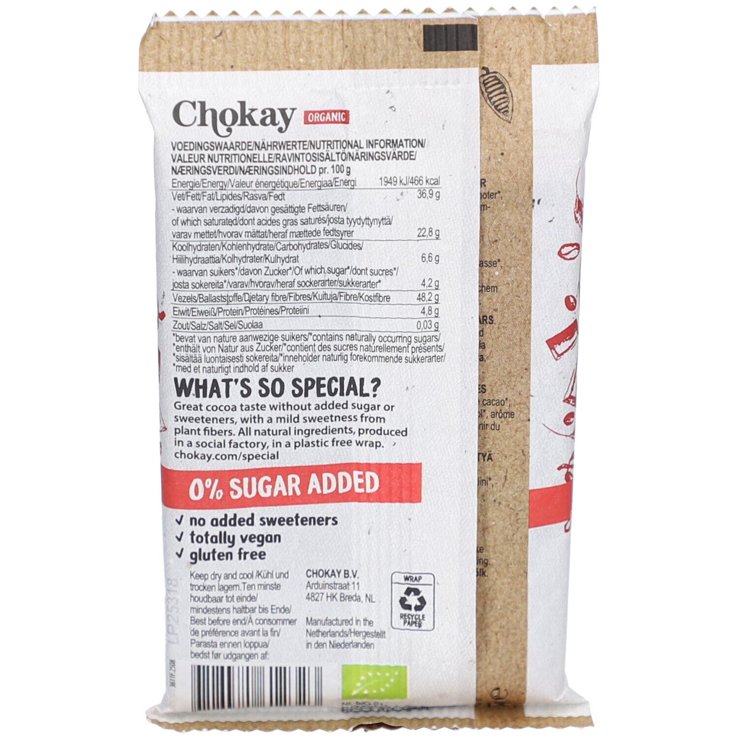 Rückseite der Schokoriegel-Verpackung. Text mit Nährwertangaben. "0% Zuckerzusatz". Vegan, glutenfrei. Bio-Siegel.