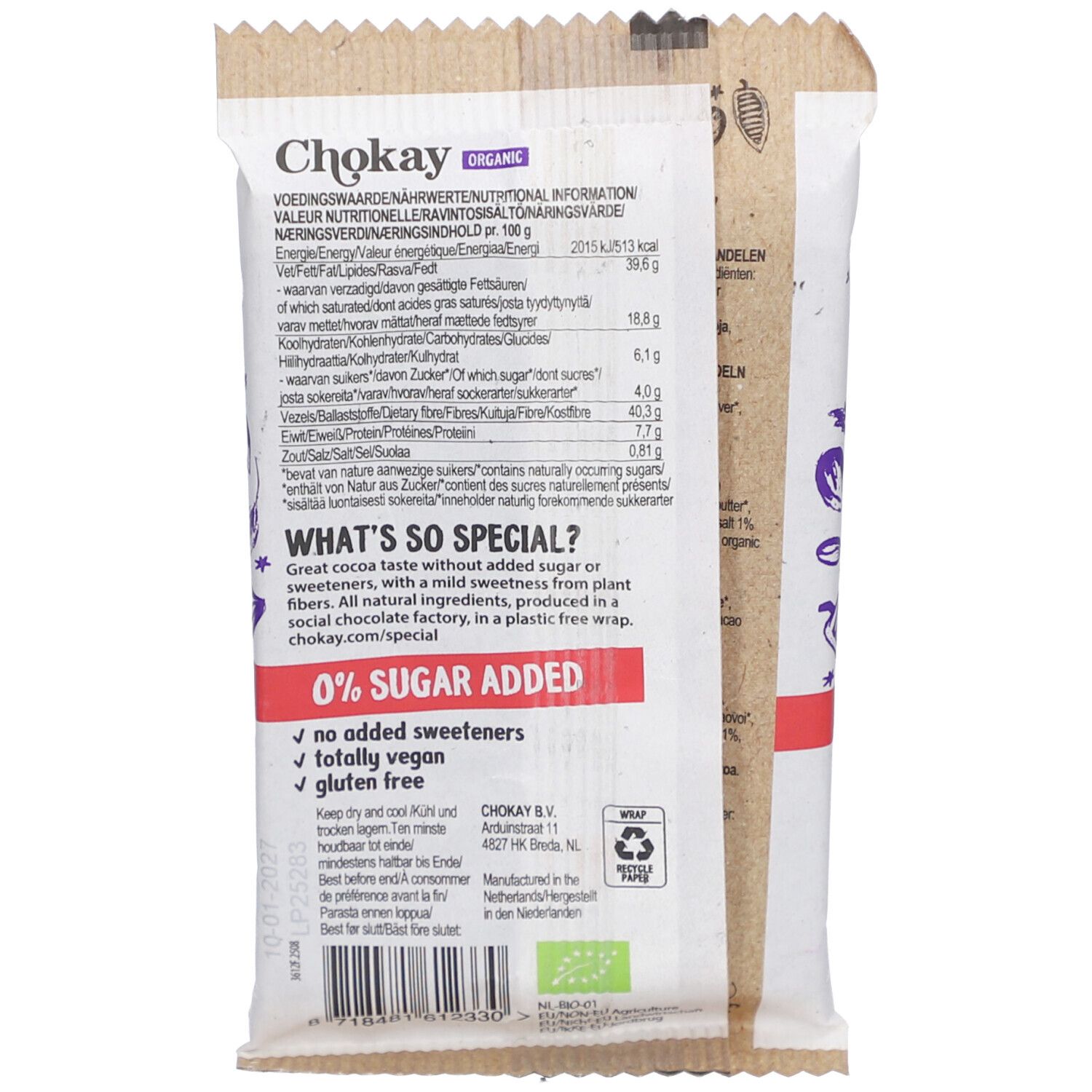 Rückseite der Verpackung. Text mit Nährwertangaben. 0% Zuckerzusatz. Vegan und glutenfrei. Bio-Siegel.