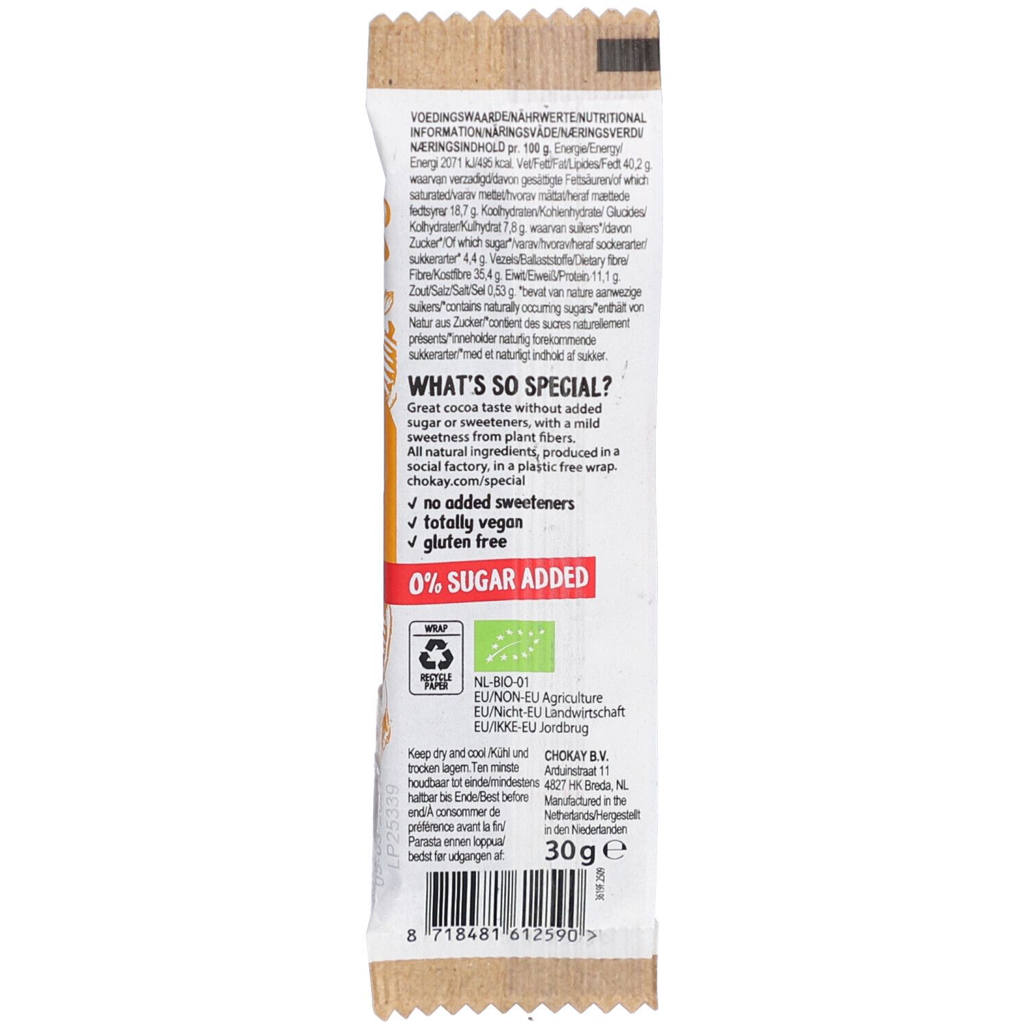 Rückseite der Riegelverpackung. Text mit Nährwertangaben, Zutaten und Zertifizierungen. 30g. Bio-Siegel. Glutenfrei, vegan.