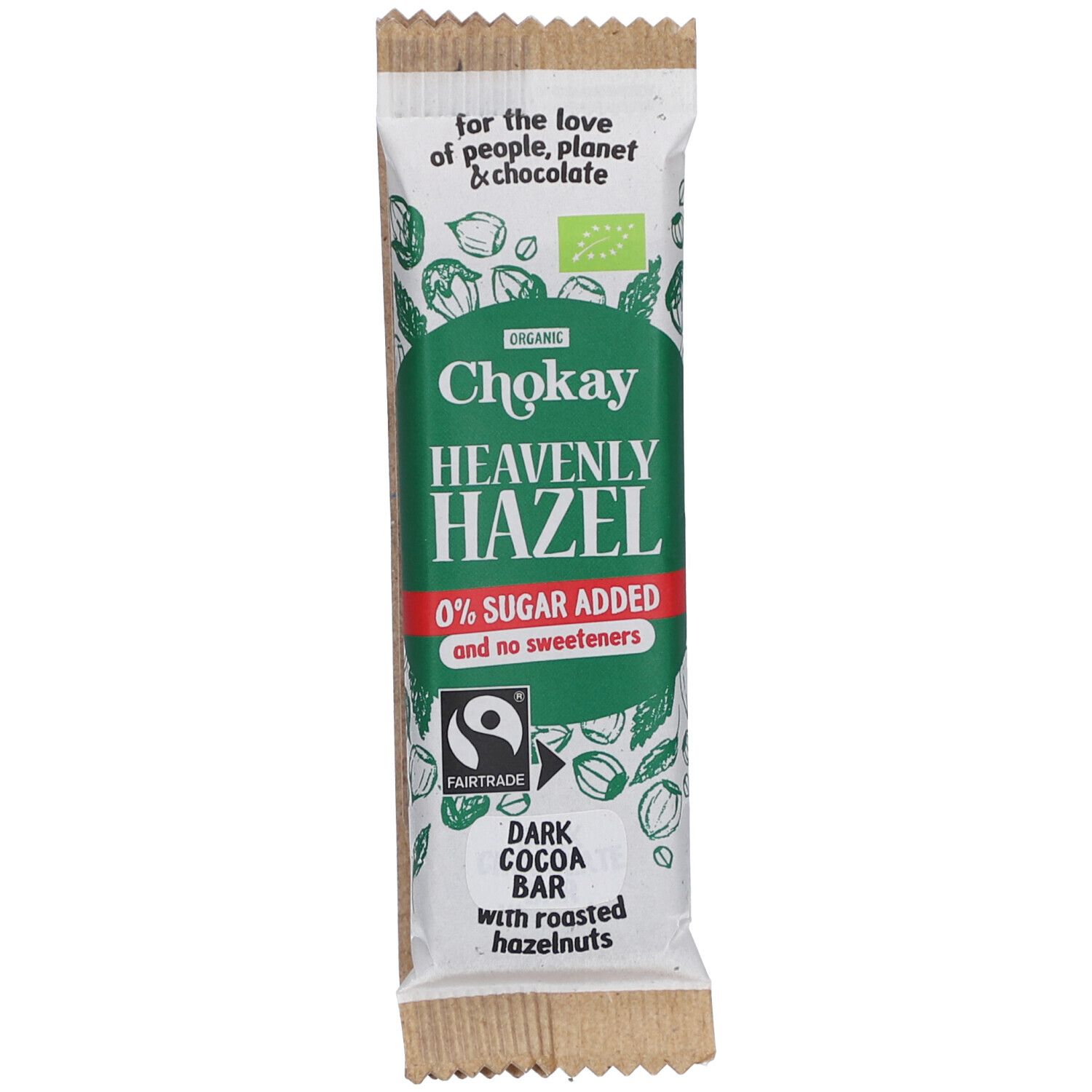 Verpackung eines Chokay Heavenly Hazel Snack Bar. Grün-weißes Design mit Produktnamen und Angaben zu Inhaltsstoffen und Zertifizierungen.