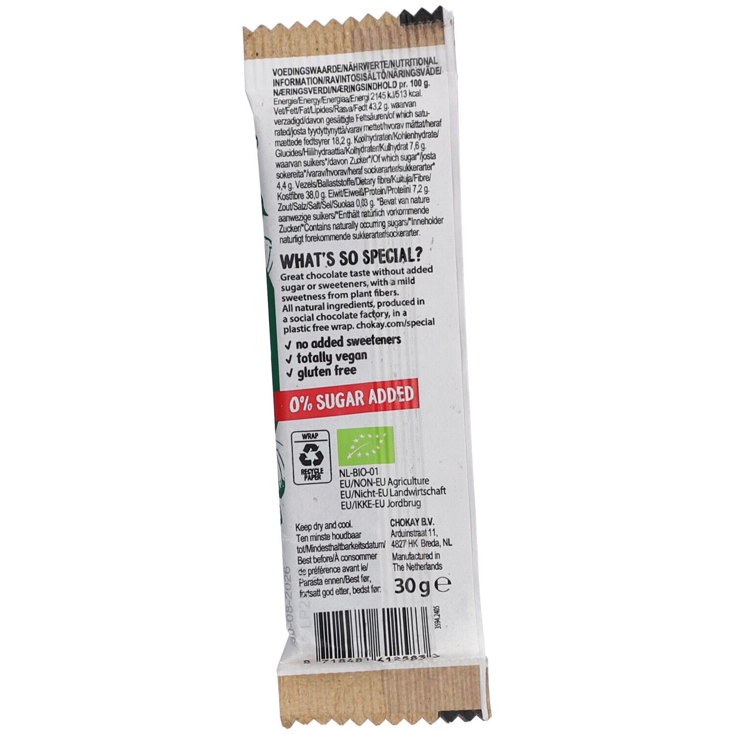 Rückseite der Chokay Heavenly Hazel Snack Bar Verpackung. Enthält Nährwertangaben, Text über Inhaltsstoffe und Zertifizierungen.