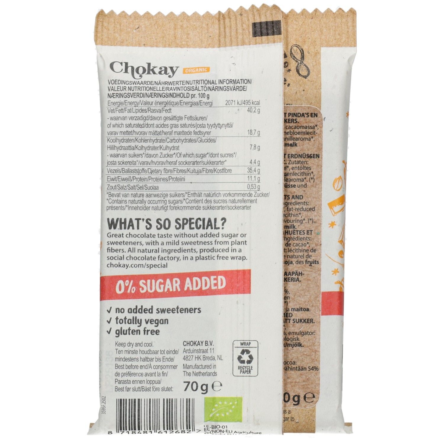 Verpackung einer Schokoriegel. Rückseite mit Nährwertangaben, Zutatenliste und Zertifizierungen. 70g, glutenfrei, vegan.