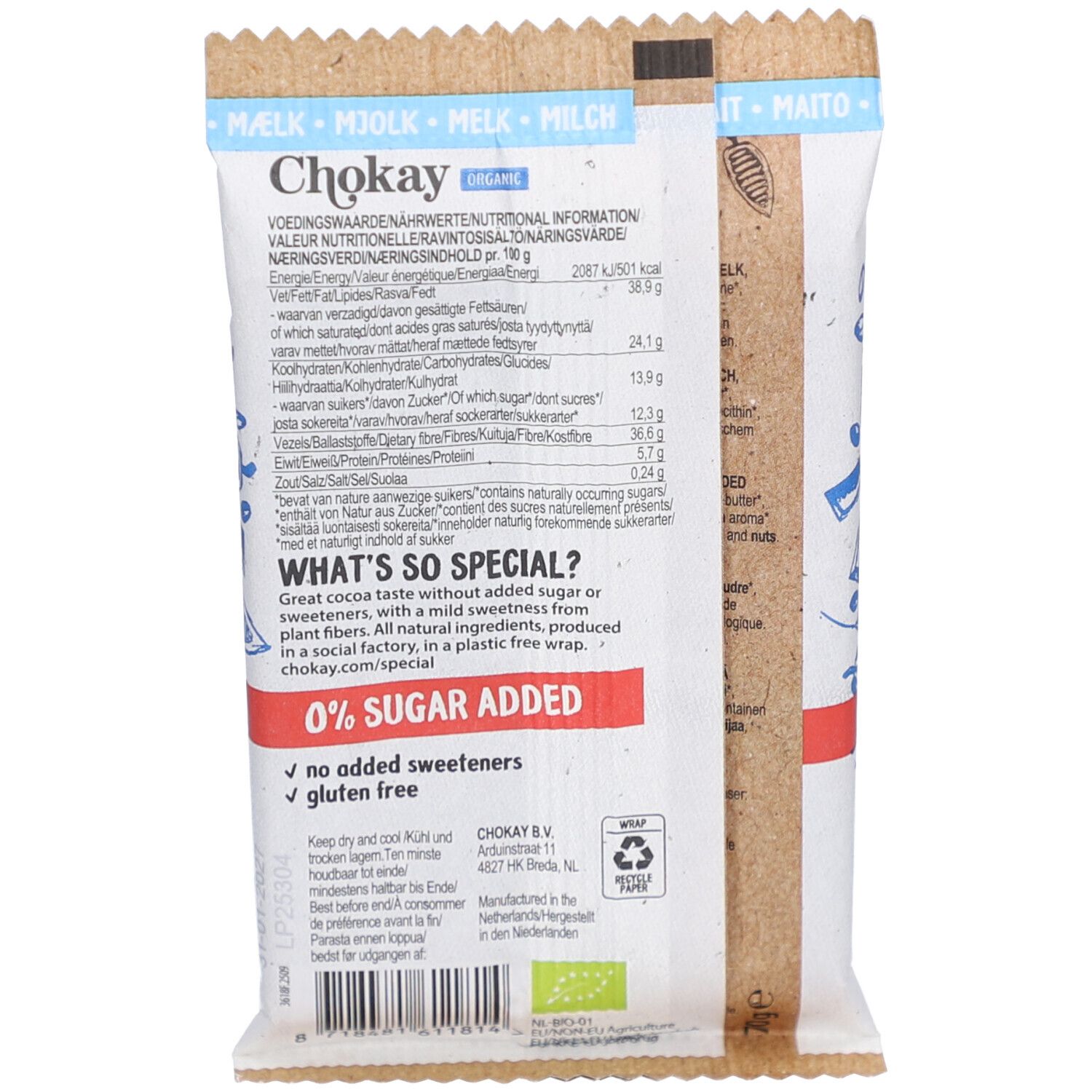 Rückseite der Schokoriegel-Verpackung. Enthält Nährwertangaben und Text. "0% Zuckerzusatz" und Fairtrade-Siegel.